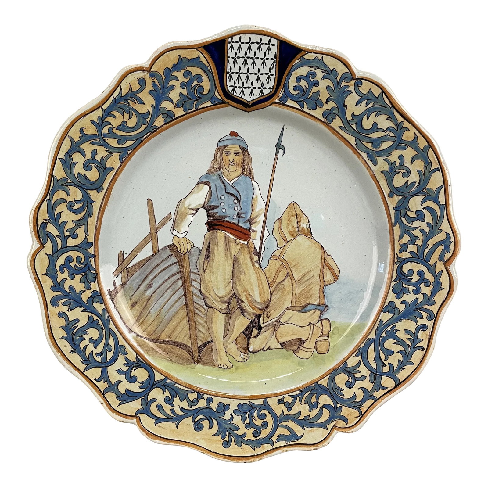 French Faience Quimper Plate Fisherman Scene: A good 1950's French Quimper Faience plate depicting two fishermen, with soft color. In good condition with minor wear. 9.25" diameter 0.75" high Shipping and Handling $40.- #SMDC 55 Please our