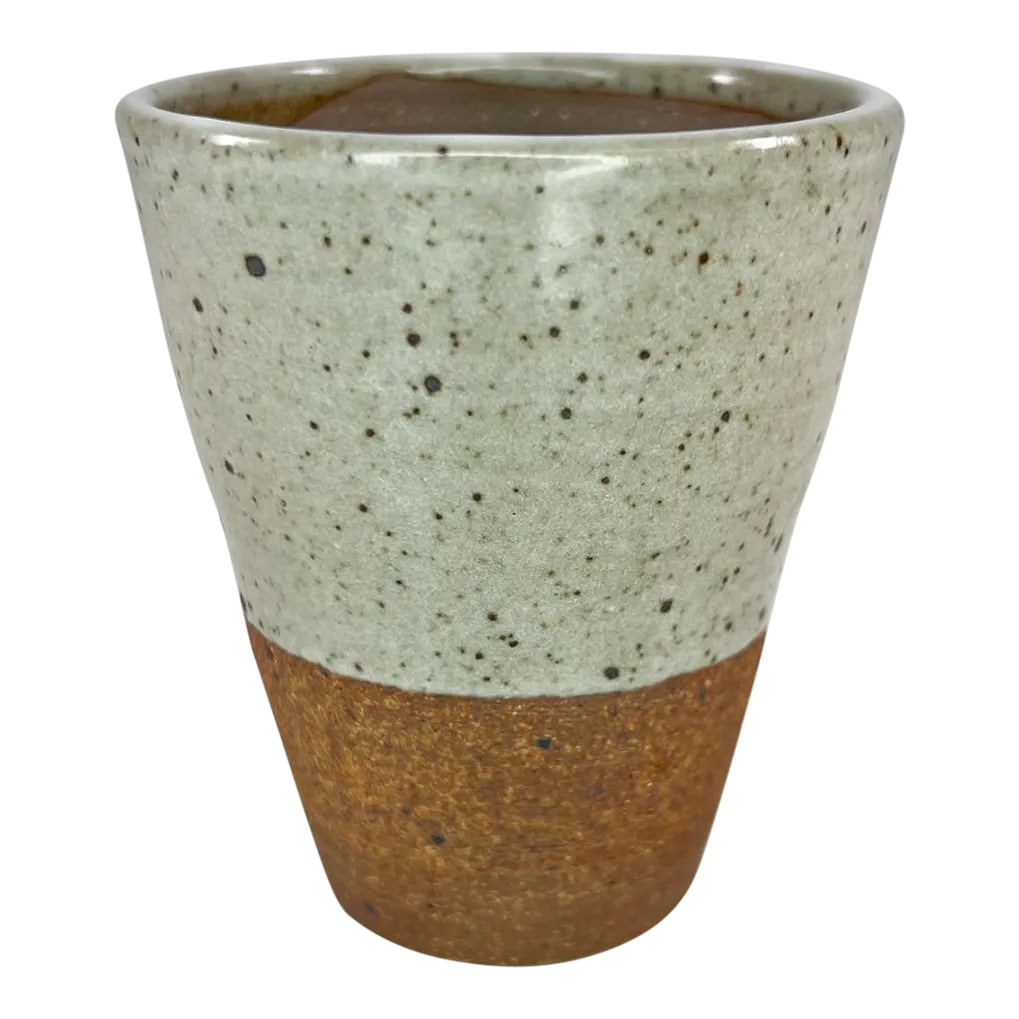 1980s Ryoko Pottery Sake Cup Japanese Studio Art: AMBIANIC presents Ryoko Two-toned Speckled Pottery Cup Vase Japanese Ceramics Art 3 diameter x 3.5 tall Has a nice signature at the bottom and stamp from the maker. Cap T Ryoko Original vintage