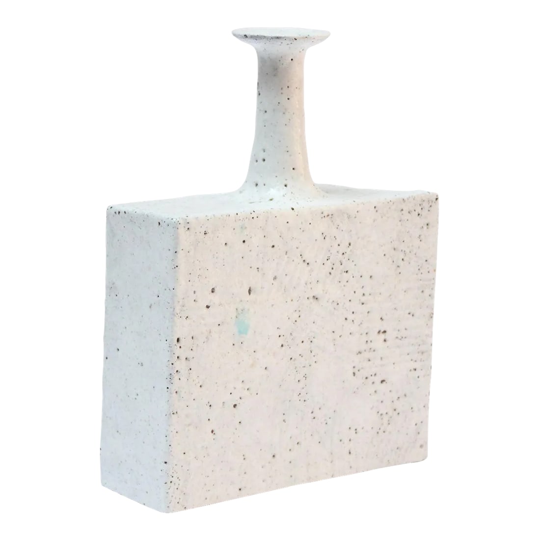 Modernist Glazed Stoneware Vase by Bruno Gambone: Italian Modern stoneware vase by Bruno Gambone with rectangular base supporting an elegant, tapered neck and flared aperture (ca. late 1950s, Italy). White glaze with specks of turquoise in a few