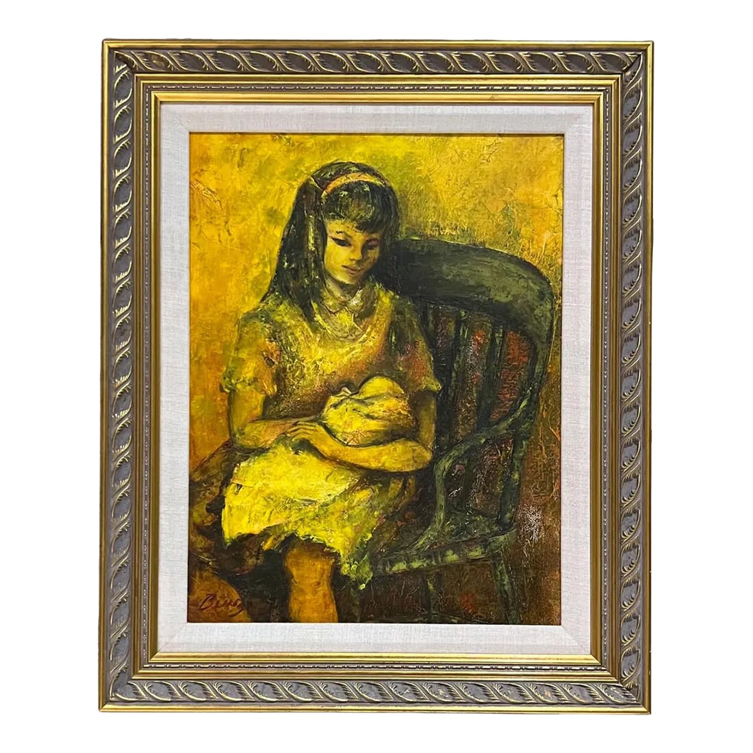 1960s Oil Painting Young Mother and Child Signed Art: AMBIANIC presents Vintage Artwork Painting Young Mother with Baby Framed and Signed Frame 23.25 tall x 19.5 w x 1.5 d Art 17.5 tall x 13.25 In the artistic style of Robert Philipp. Signed art bottom