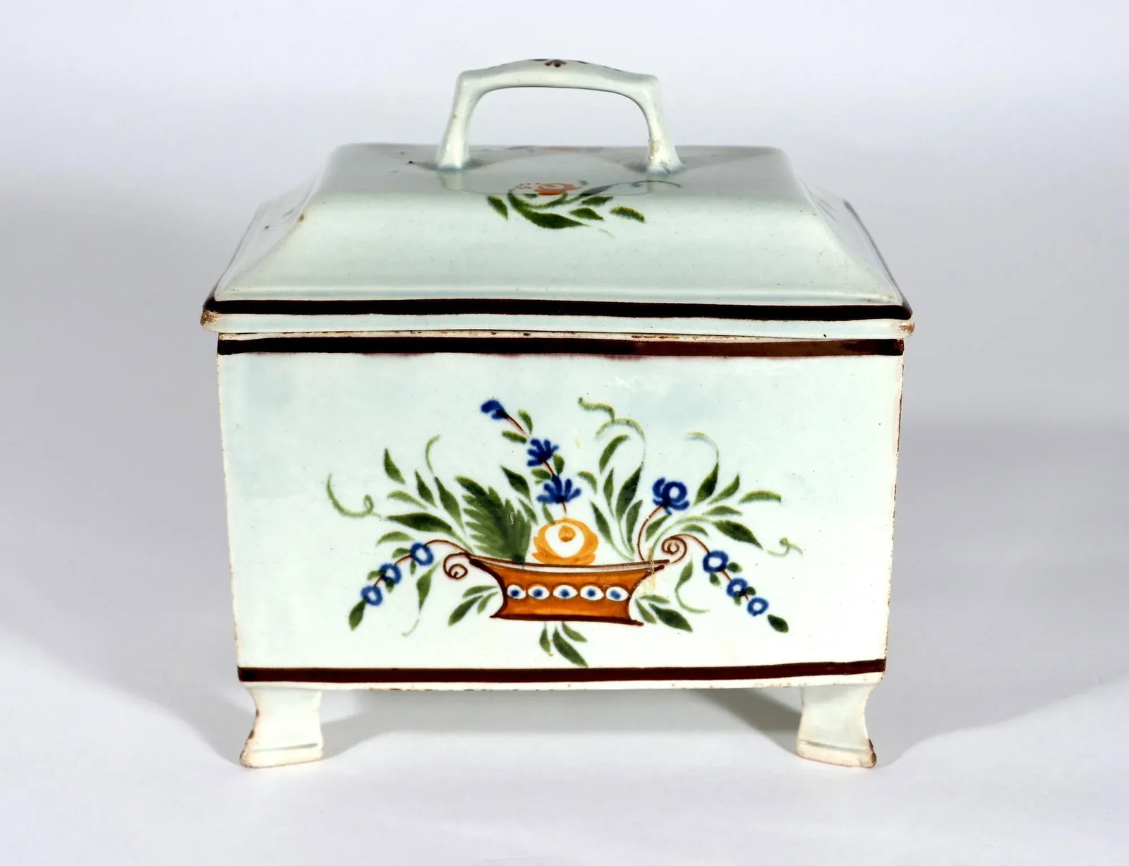 Unusual Swansea Prattware Pearlware Pottery Covered Botanical Tea Caddy Box - 10