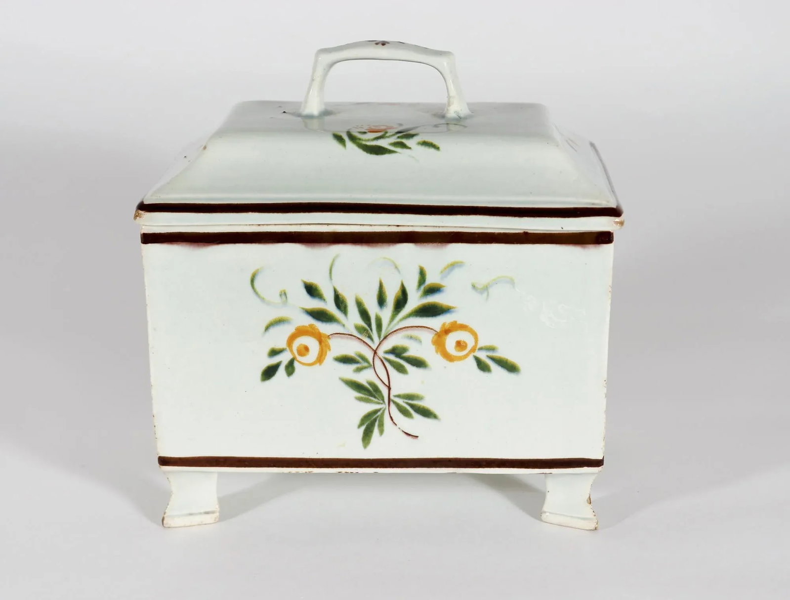 Unusual Swansea Prattware Pearlware Pottery Covered Botanical Tea Caddy Box - 11