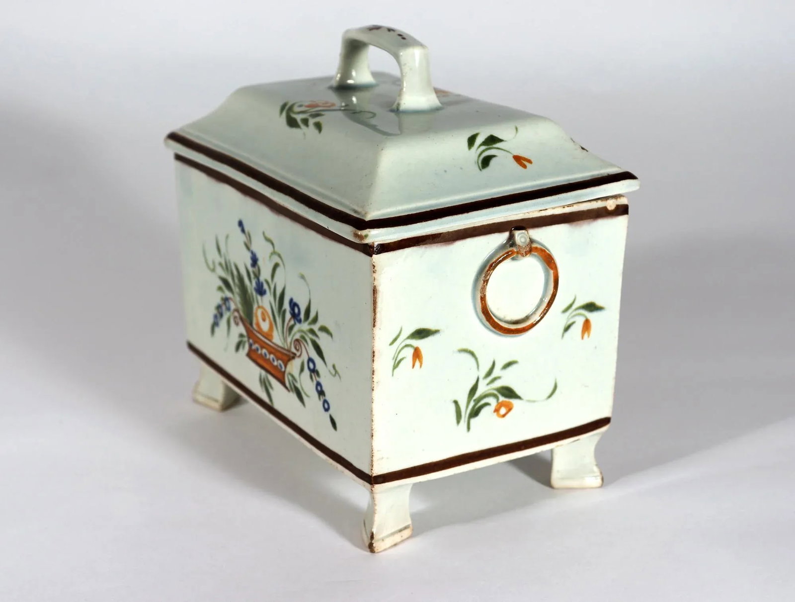 Unusual Swansea Prattware Pearlware Pottery Covered Botanical Tea Caddy Box - 3