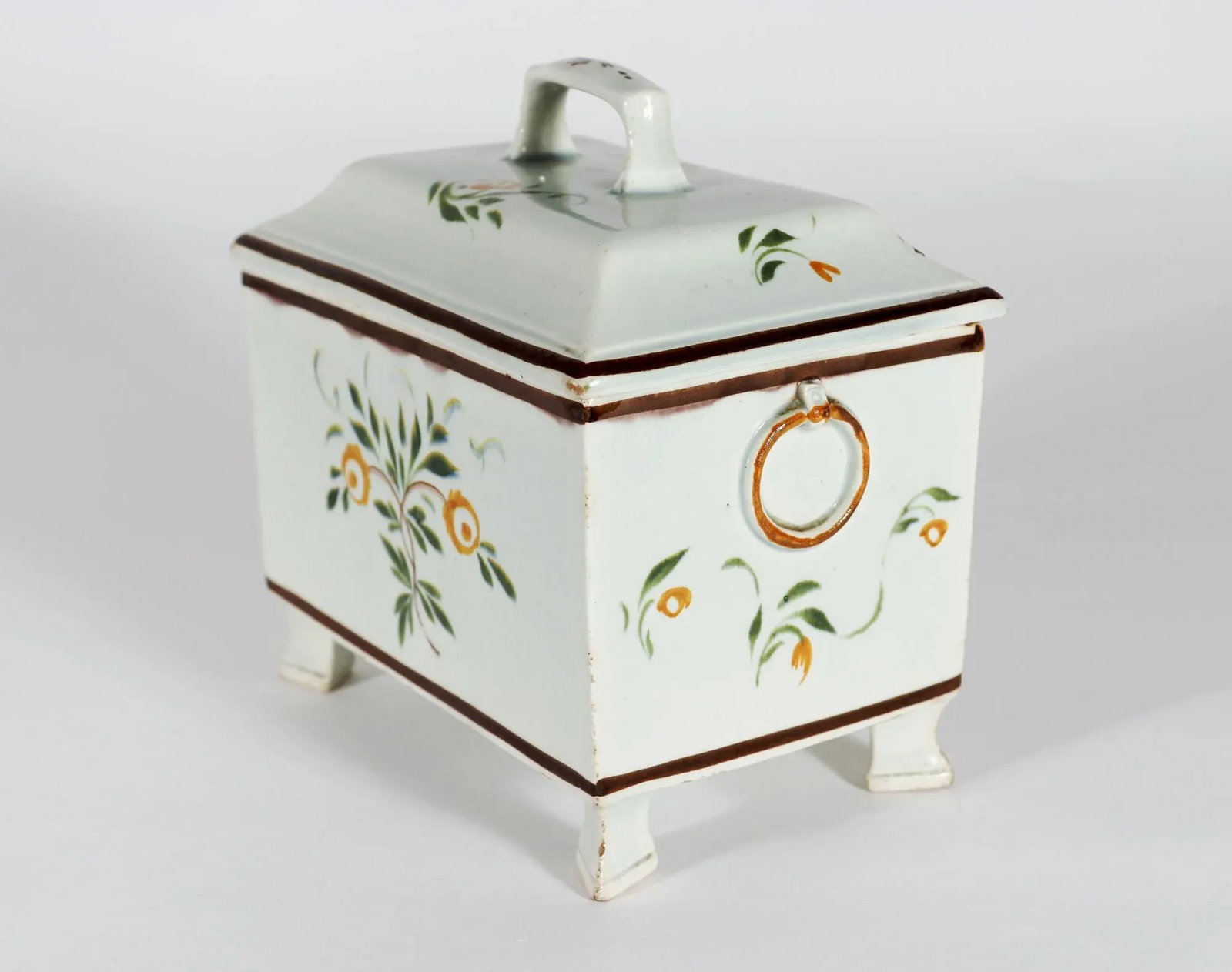 Unusual Swansea Prattware Pearlware Pottery Covered Botanical Tea Caddy Box - 4