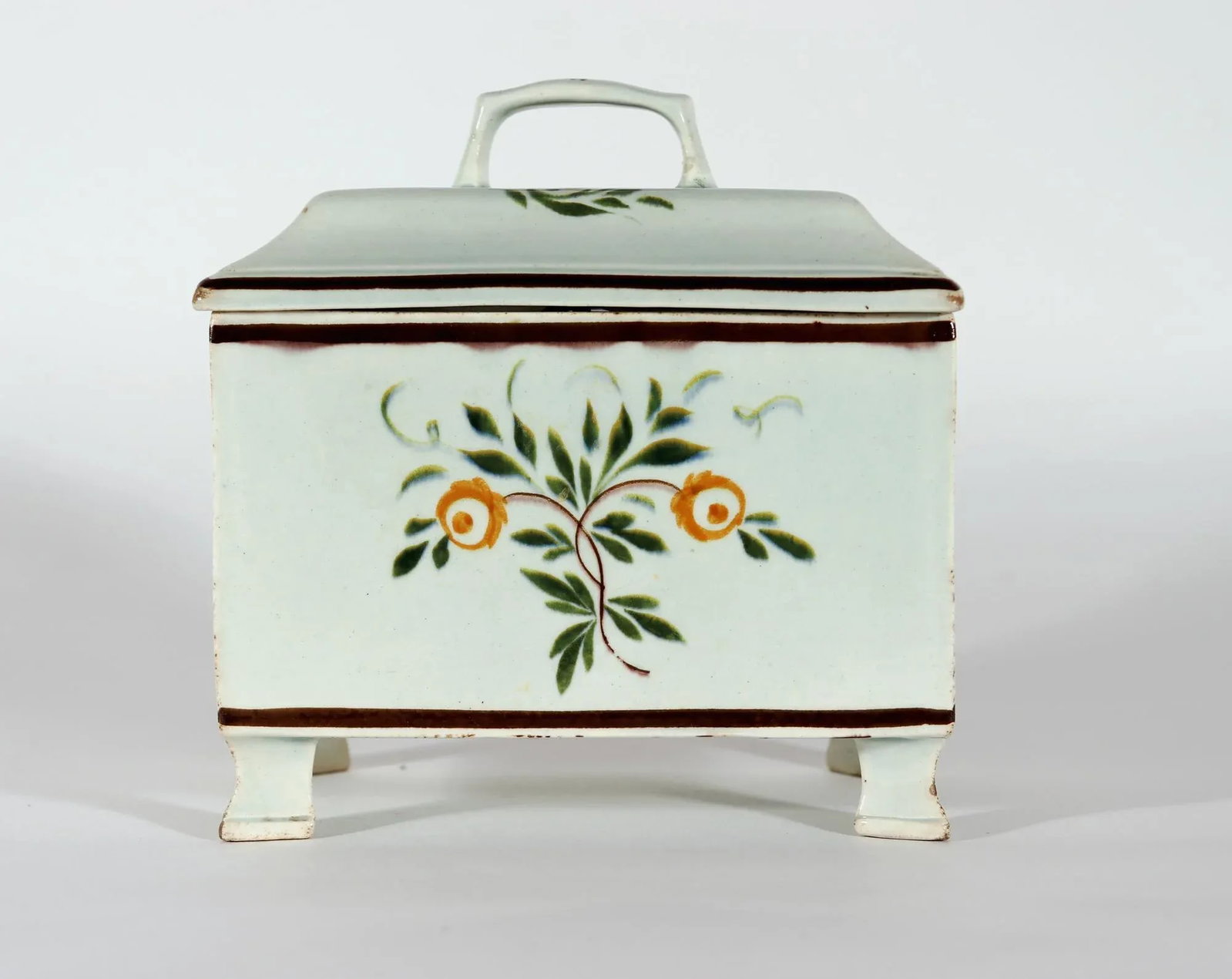 Unusual Swansea Prattware Pearlware Pottery Covered Botanical Tea Caddy Box - 5