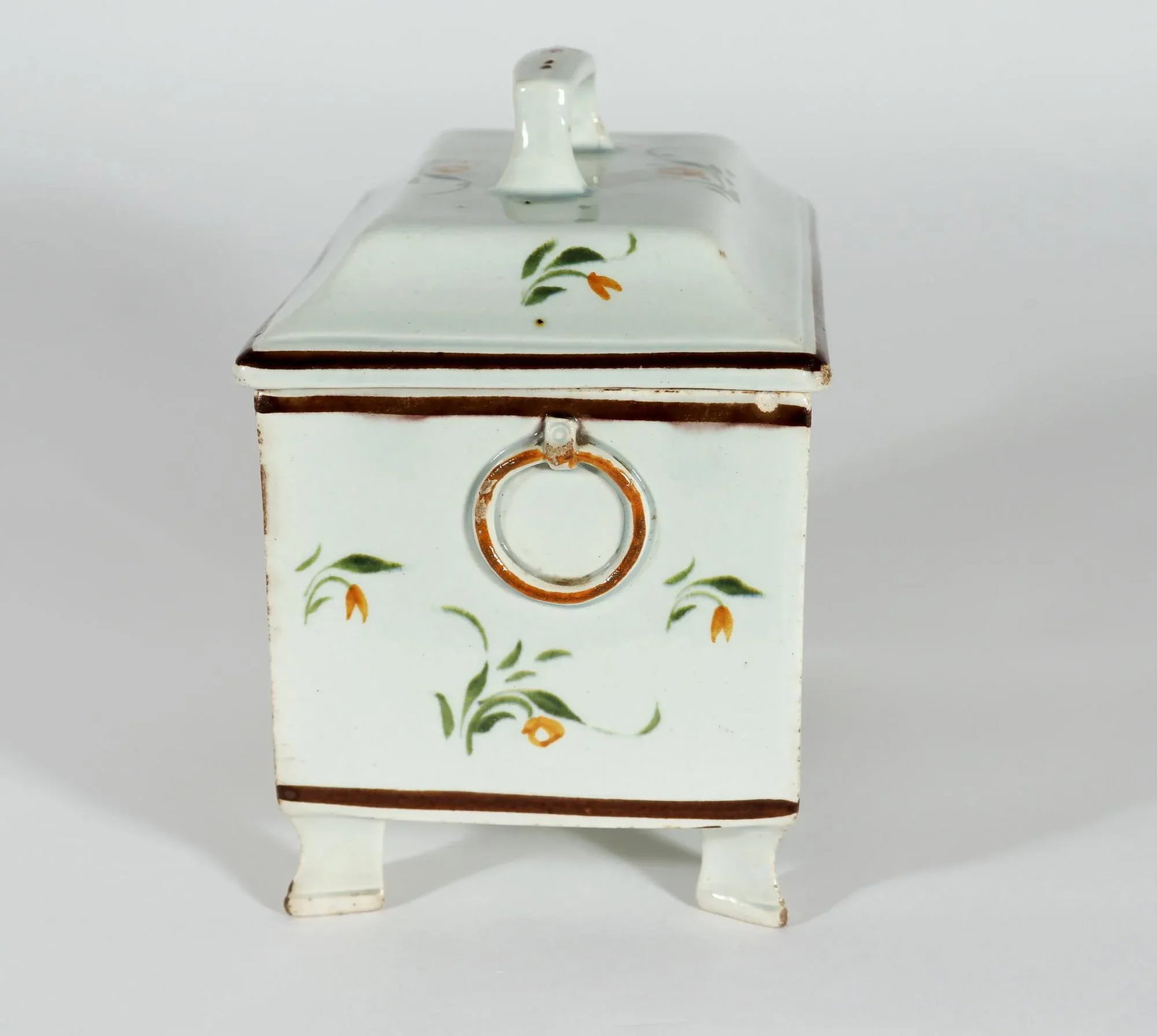 Unusual Swansea Prattware Pearlware Pottery Covered Botanical Tea Caddy Box - 8