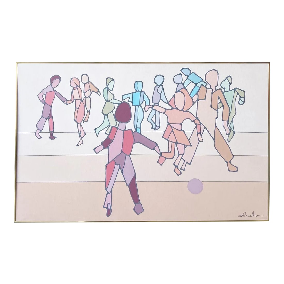 1980s Signed Multi Color Painting of Playing and Dancing: Incredible original signed painting in golden frame. Subject is a group of people dancing and playing. Condition: Alterations: Original Condition Unaltered Imperfections: Some Imperfections Condition