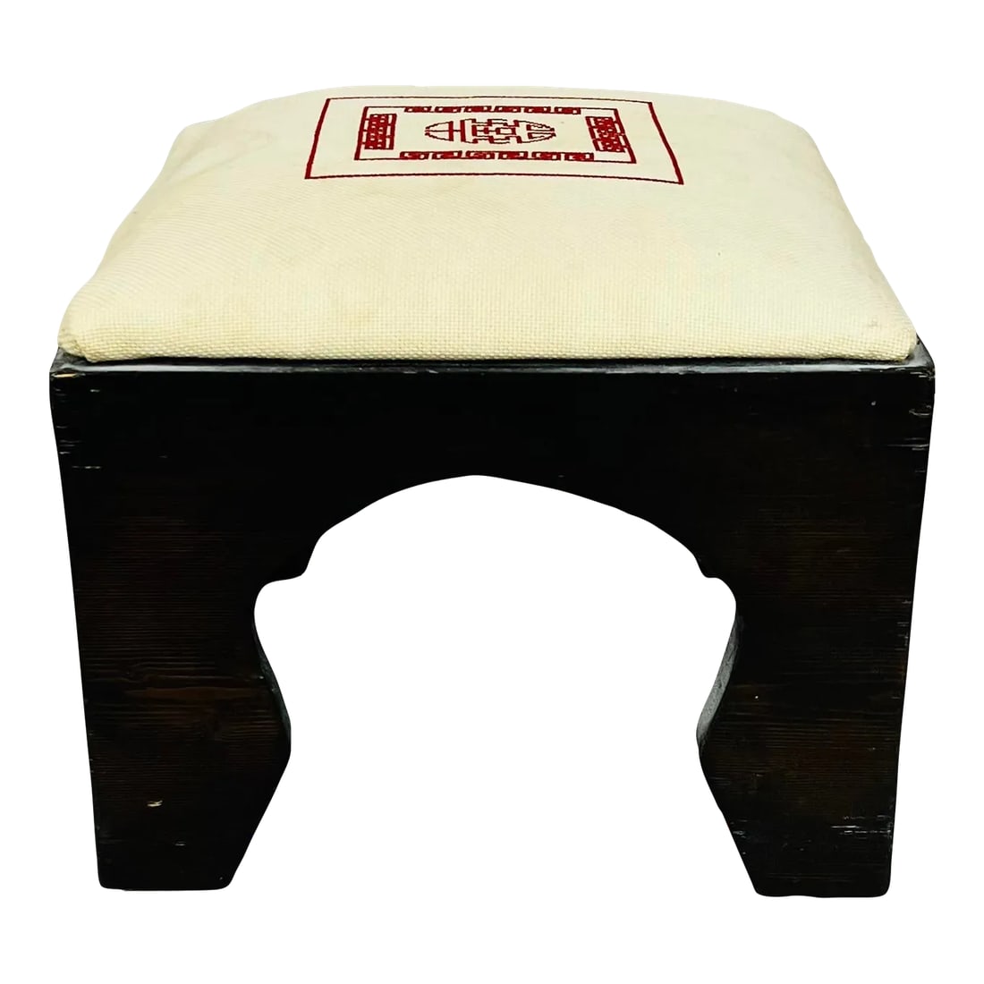 Mid Century Chinoiserie Footstool With Handmade Needlework Design: Mid Century stool with chinoiserie needlework design in red. Some staining on fabric. Sturdy. Measures 10" square x 8" h. Condition: Alterations: Original Condition Unaltered Imperfections: Some