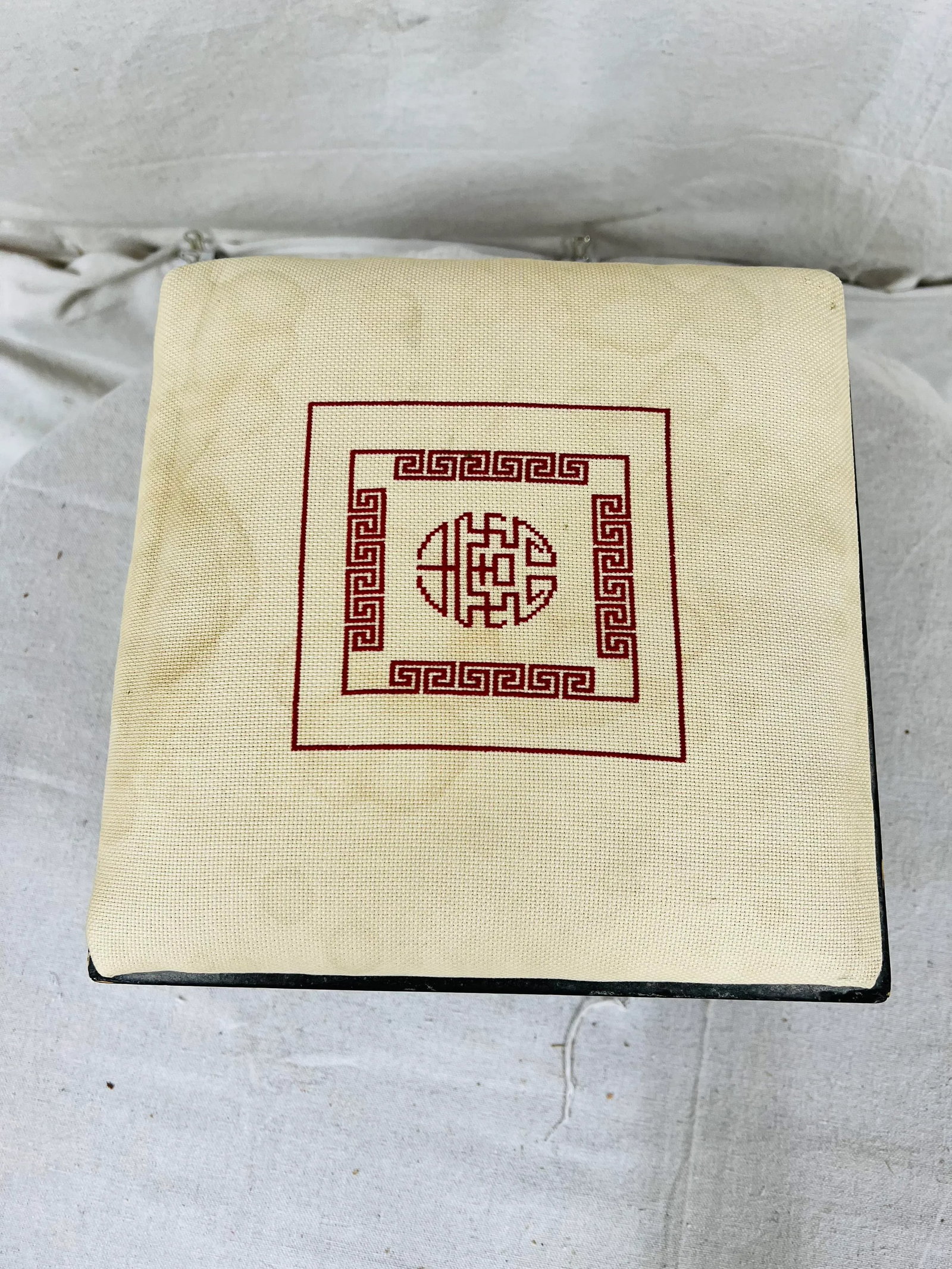 Mid Century Chinoiserie Footstool With Handmade Needlework Design - 2