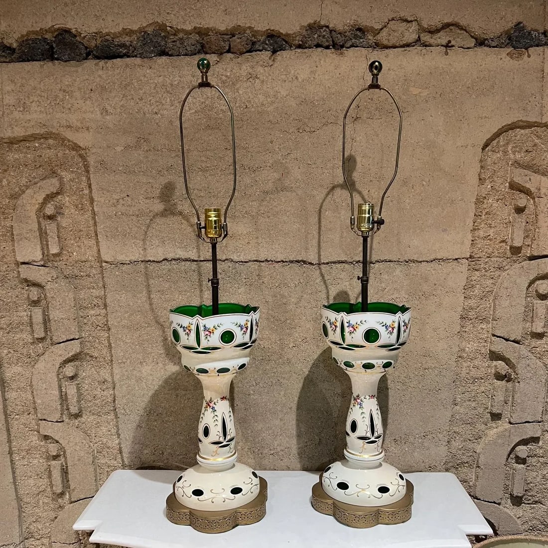 1950s Hand Painted Table Lamps Bohemian Czech Glass - 12