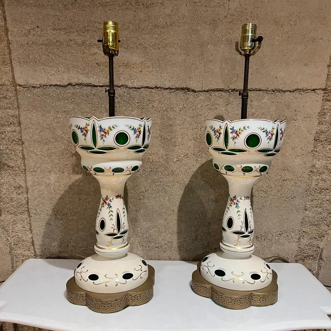 1950s Hand Painted Table Lamps Bohemian Czech Glass - 13