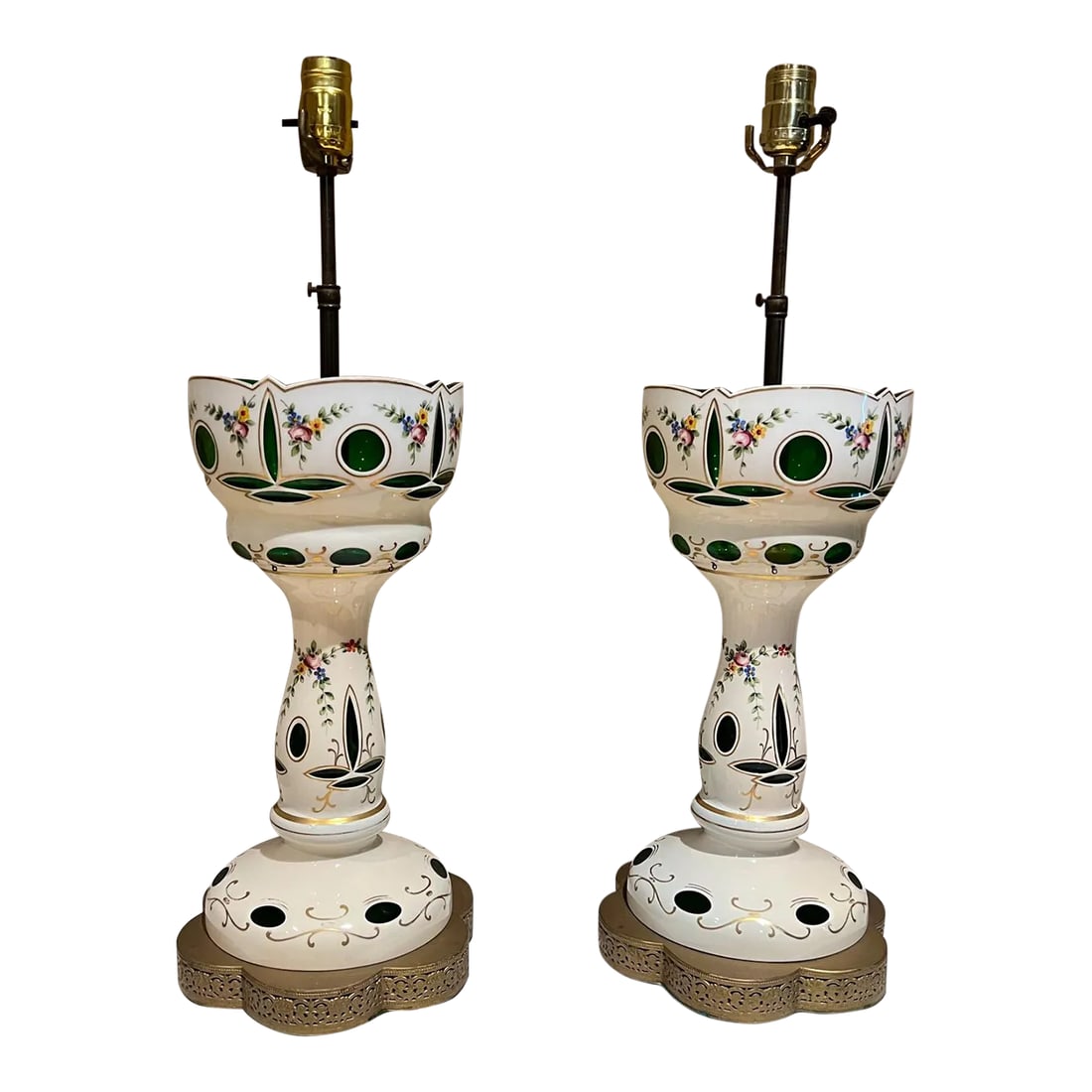 1950s Hand Painted Table Lamps Bohemian Czech Glass: AMBIANIC presents 1950s Sculptural Pair Table Lamps White Gold and Green Glass Floral Hand Paint Vintage Bohemian Czech Case Glass 24 tall to socket x 8 diameter 35 to top of finial Preowned original