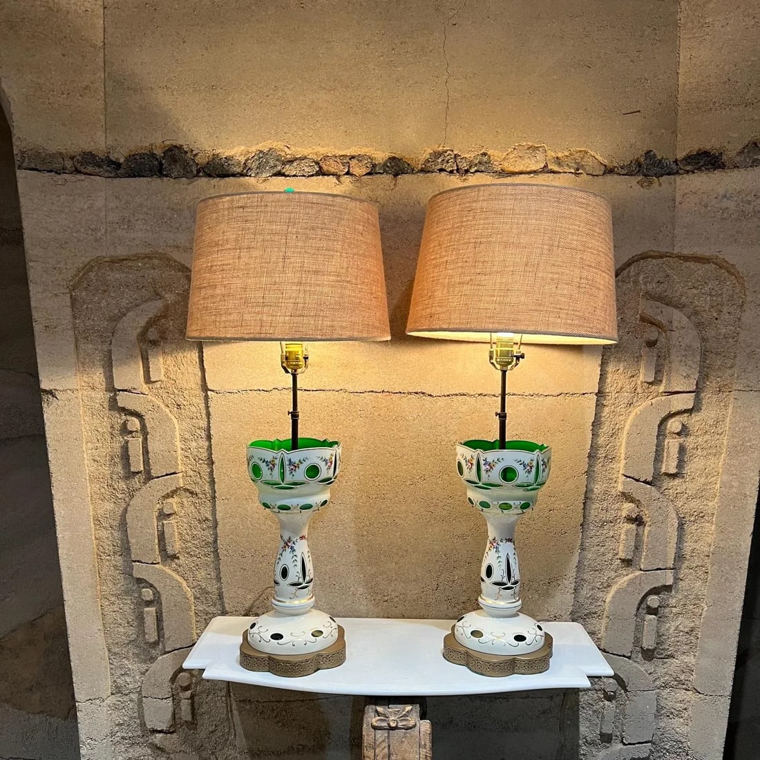 1950s Hand Painted Table Lamps Bohemian Czech Glass - 4