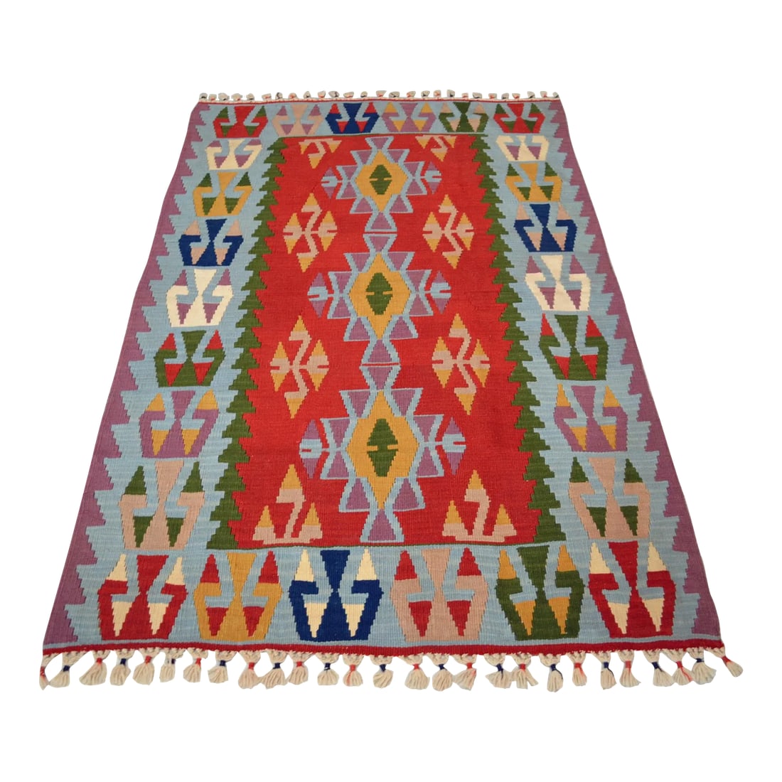1980s Hand Woven Oushak Kilim Rug Flat Weave Wool Area Rug - 3"²10"³ × 6"²: Dimensions: 46" x 73" or 3'10" x 6'1" Excluding fringe Material: wool on wool Condition: Used in very good condition. Origin: Oushak Age: ~ 30-40 years old Weight: ~ 5.4lbs All images are of the