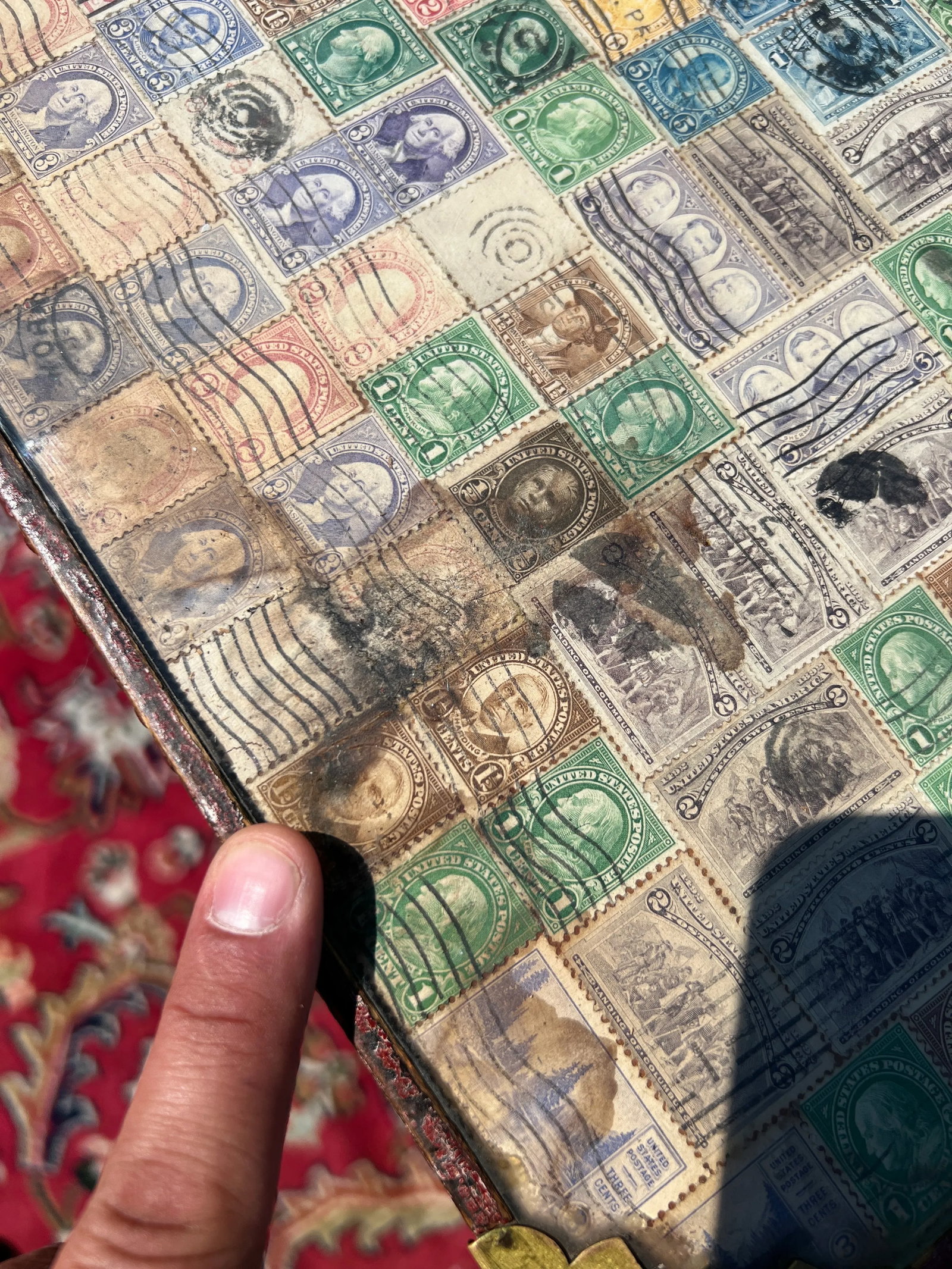 Antique Pennsylvania Folk Art Postage Stamp Decoupage Game Table, 1938 - 12