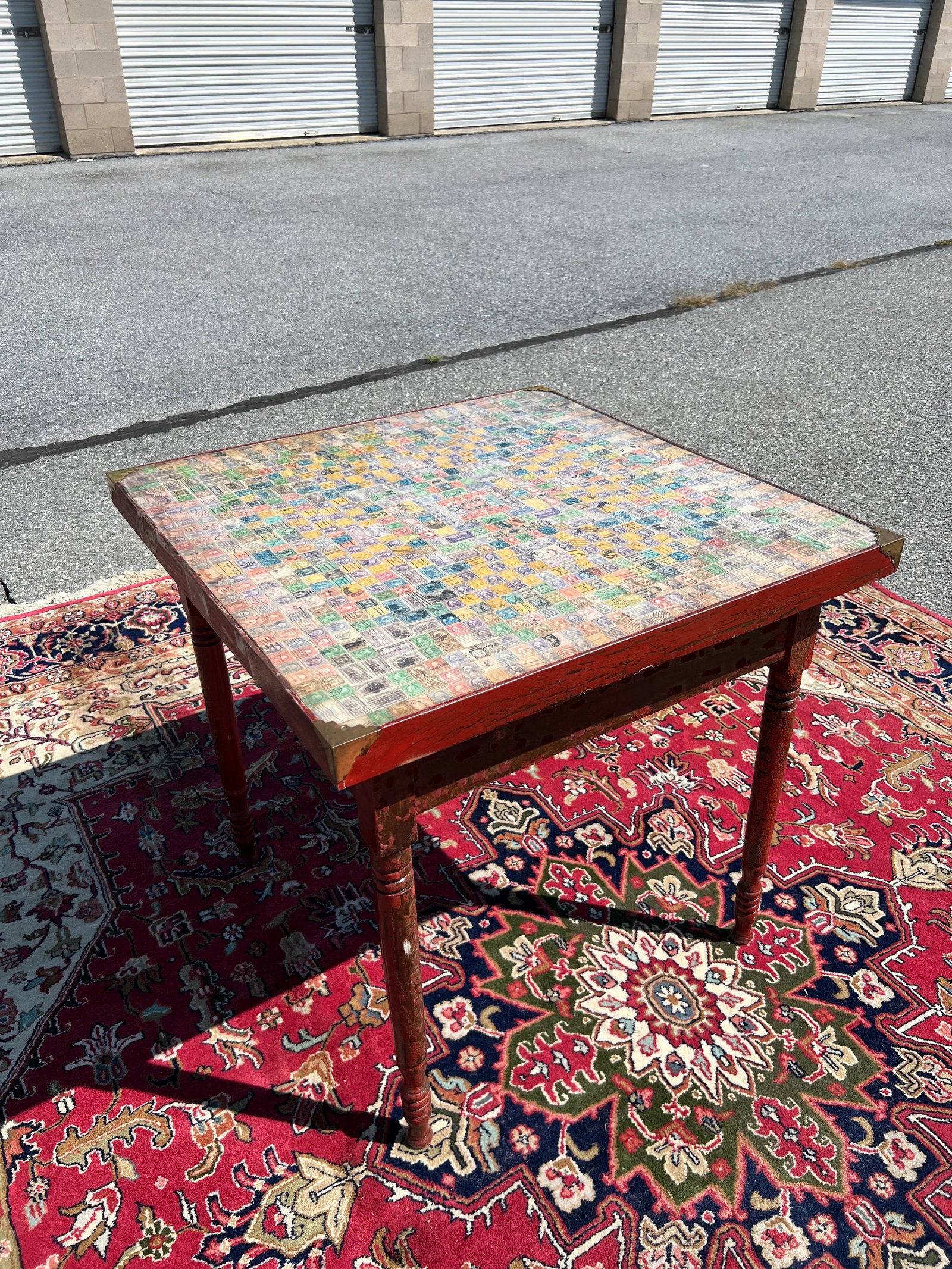 Antique Pennsylvania Folk Art Postage Stamp Decoupage Game Table, 1938 - 13