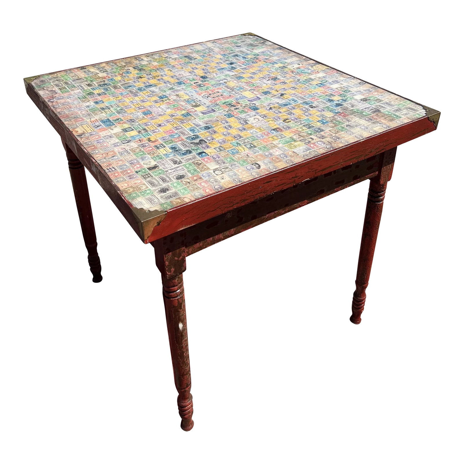 Antique Pennsylvania Folk Art Postage Stamp Decoupage Game Table, 1938: An Antique Pennsylvania Folk Art Postage Stamp Decoupage Game Table, 1938 Signed in pencil on the underside: "Made by R. E. Shirley, Laurelton, PA 3/28/38" Laurelton is in Union County, Pennsylvania.