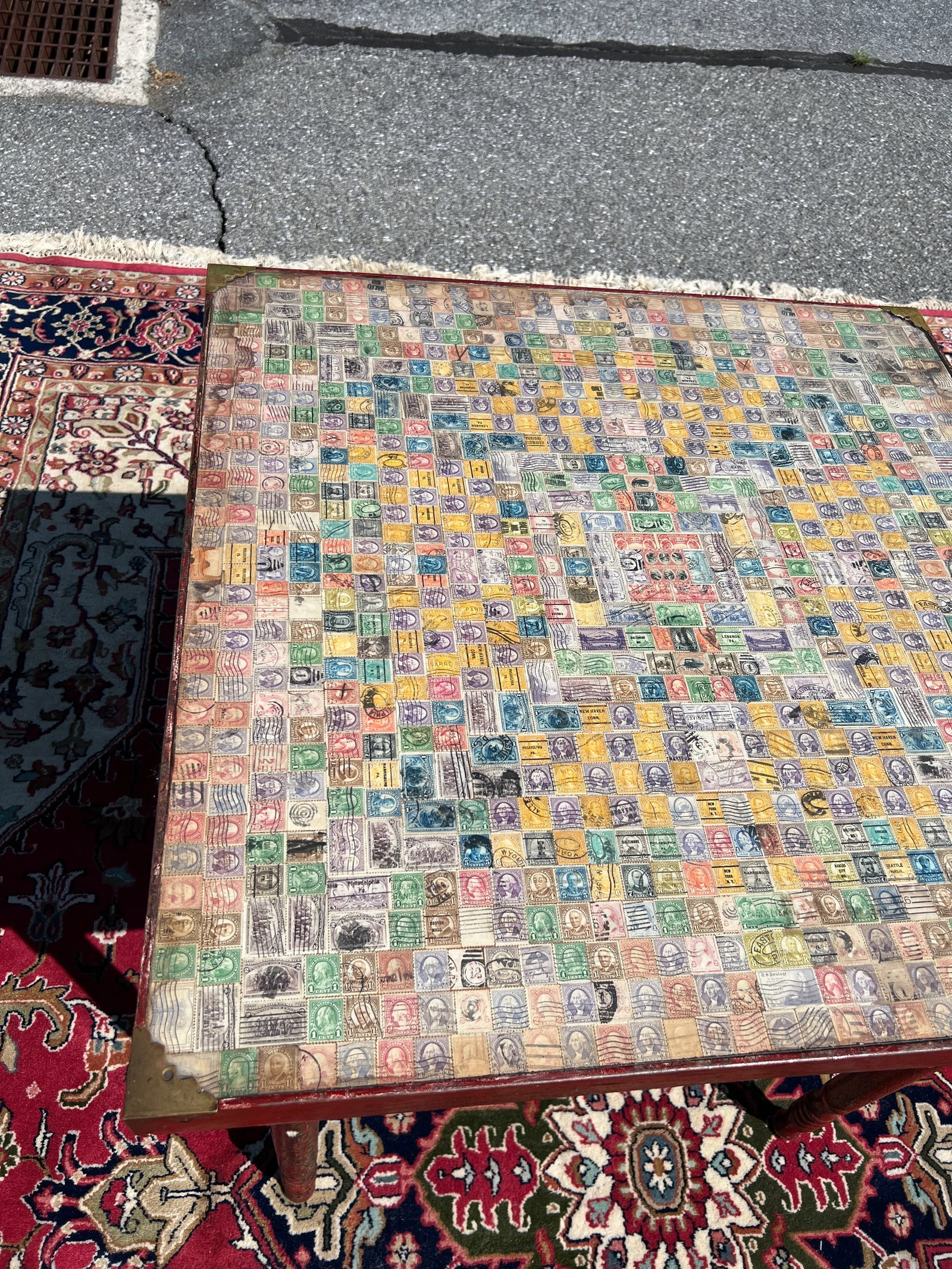Antique Pennsylvania Folk Art Postage Stamp Decoupage Game Table, 1938 - 2