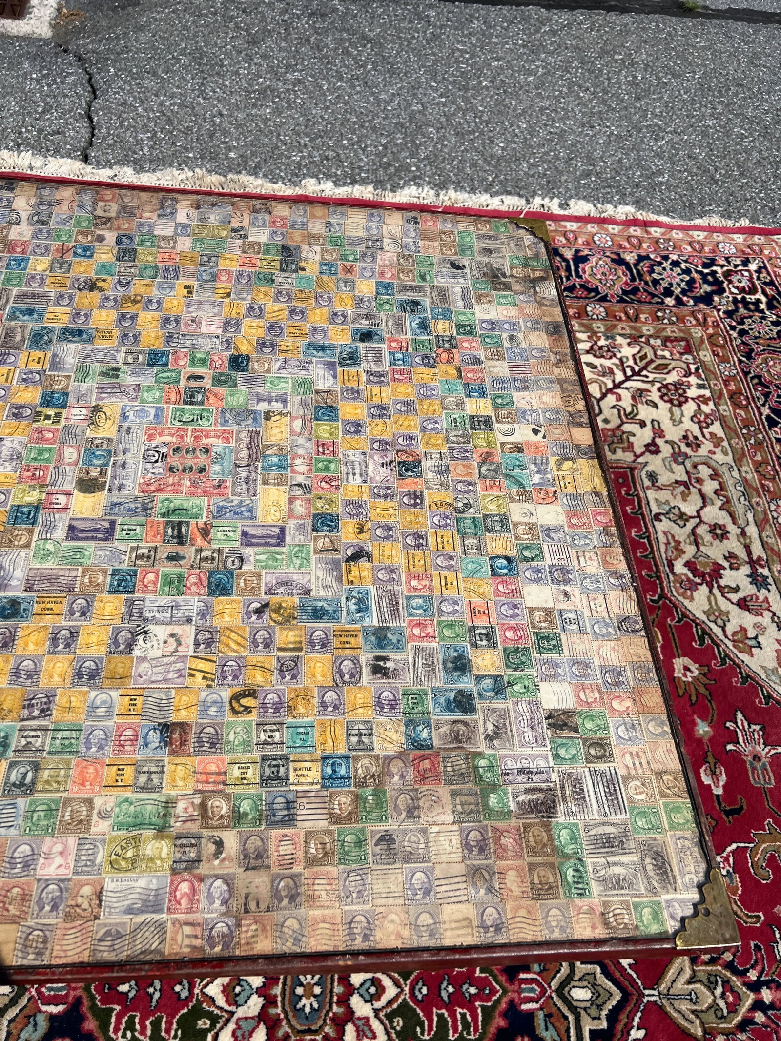 Antique Pennsylvania Folk Art Postage Stamp Decoupage Game Table, 1938 - 3