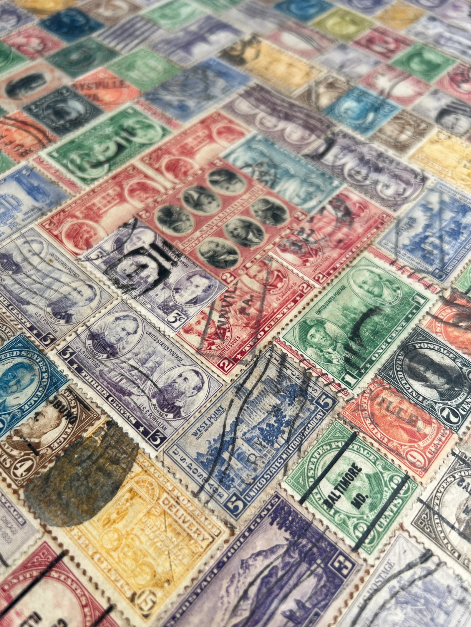 Antique Pennsylvania Folk Art Postage Stamp Decoupage Game Table, 1938 - 4