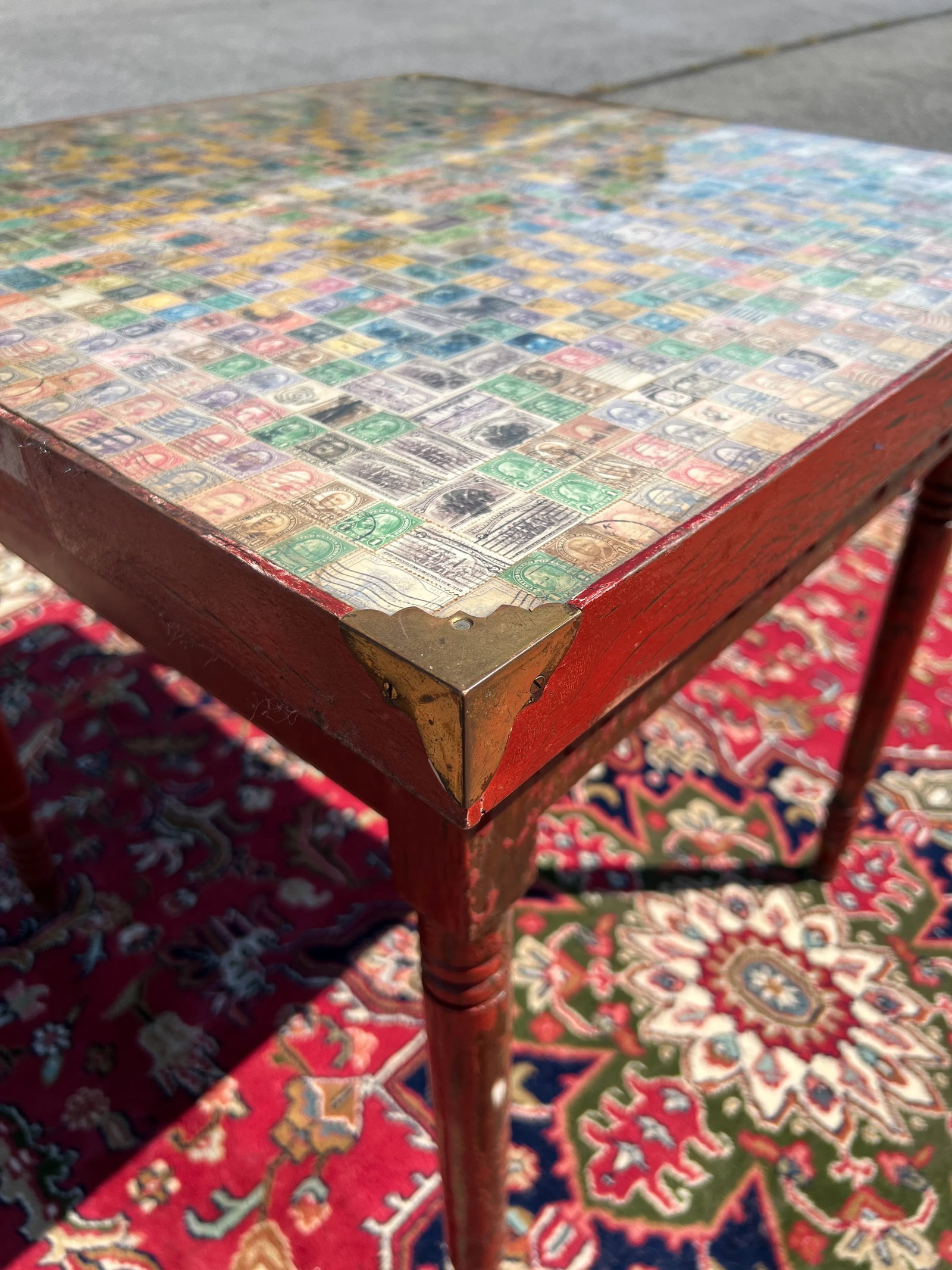 Antique Pennsylvania Folk Art Postage Stamp Decoupage Game Table, 1938 - 5