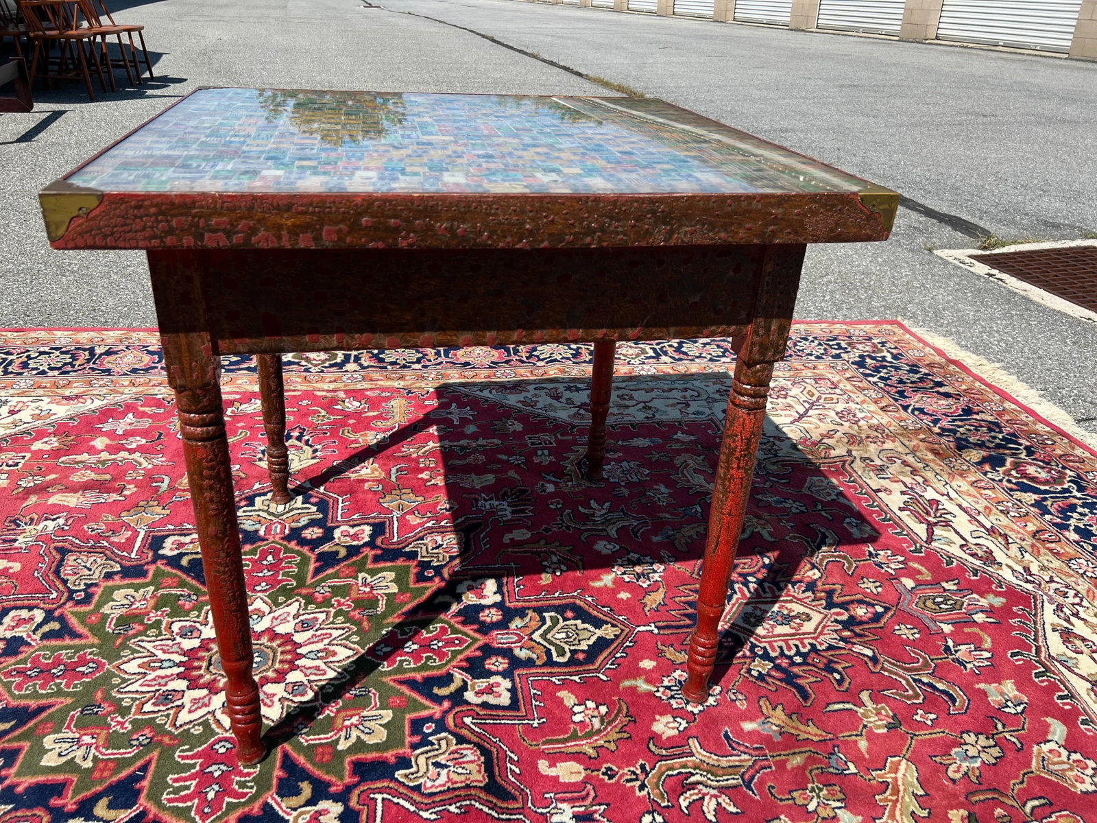 Antique Pennsylvania Folk Art Postage Stamp Decoupage Game Table, 1938 - 6