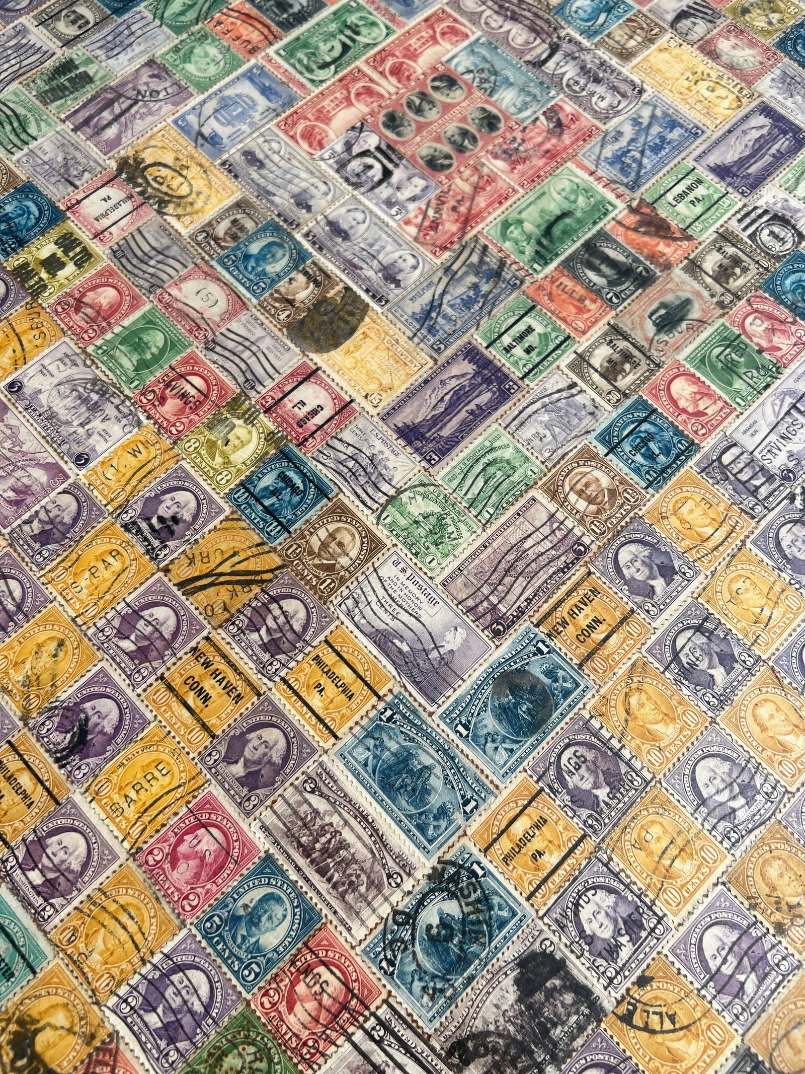 Antique Pennsylvania Folk Art Postage Stamp Decoupage Game Table, 1938 - 7