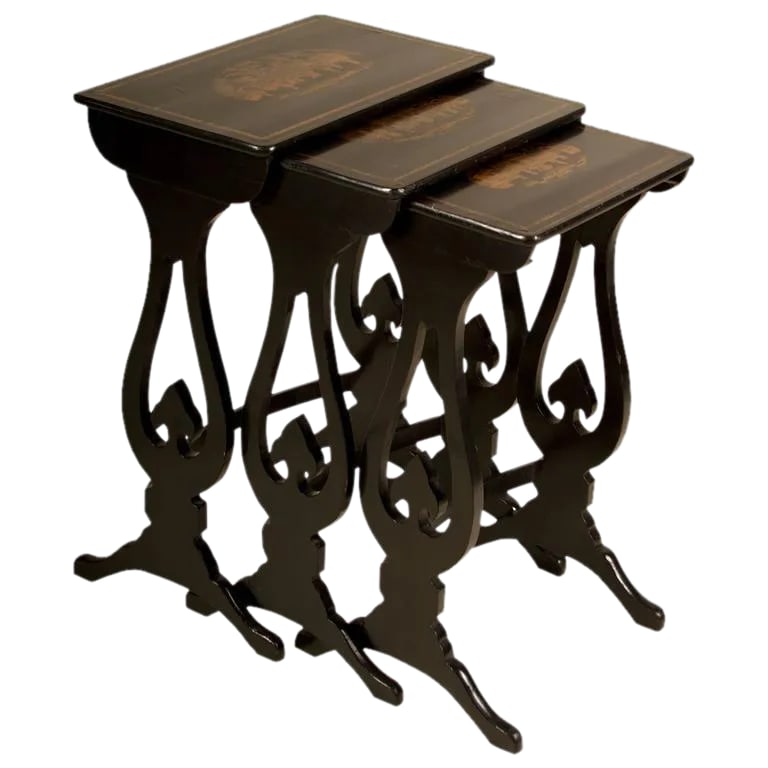 19th Century Regency Nesting Tables - Set of 3: Very fine pen work decorated set of nesting tables, each with a different but conforming scene, curved stretcher and fine carved upright details. DATE OF MANUFACTURE 1860s Condition: Alterations:
