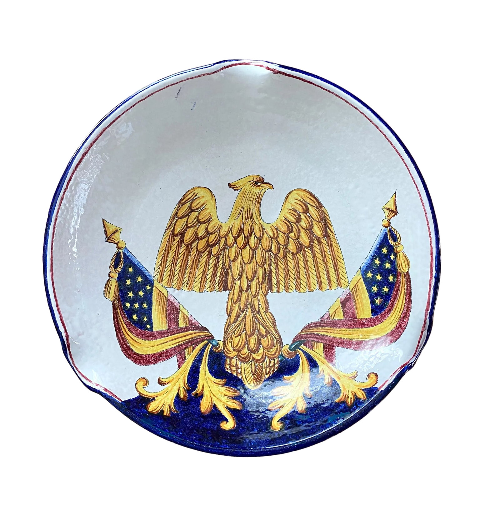 Vintage 1960s Large Handmade Italian American Bald Eagle and Flags Crest Seal Bowl Plate - 12
