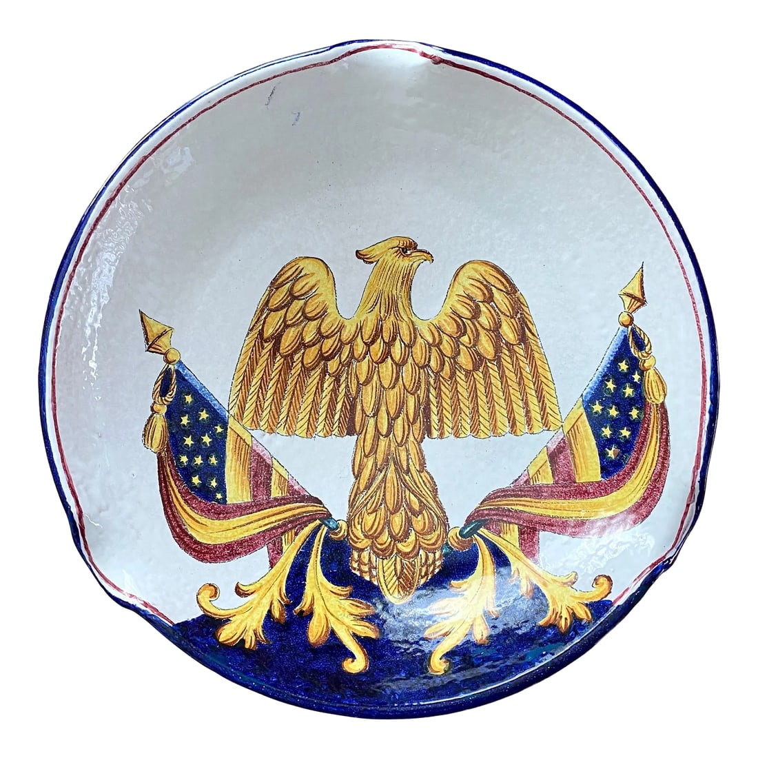 Vintage 1960s Large Handmade Italian American Bald Eagle and Flags Crest Seal Bowl Plate: American Patriotic Aesthetic meets Italian Artistry. This gumbo (15.25" diameter) 1960's Italian wheel-thrown and hand painted bowl is an interpretation of the Seal of the President of the United Stat