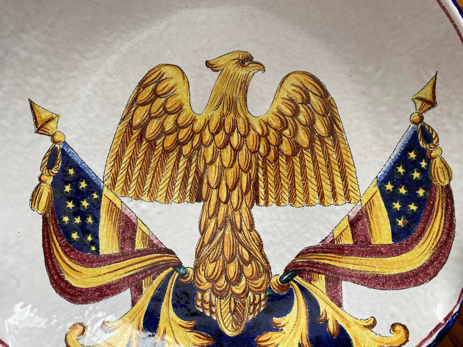 Vintage 1960s Large Handmade Italian American Bald Eagle and Flags Crest Seal Bowl Plate - 2