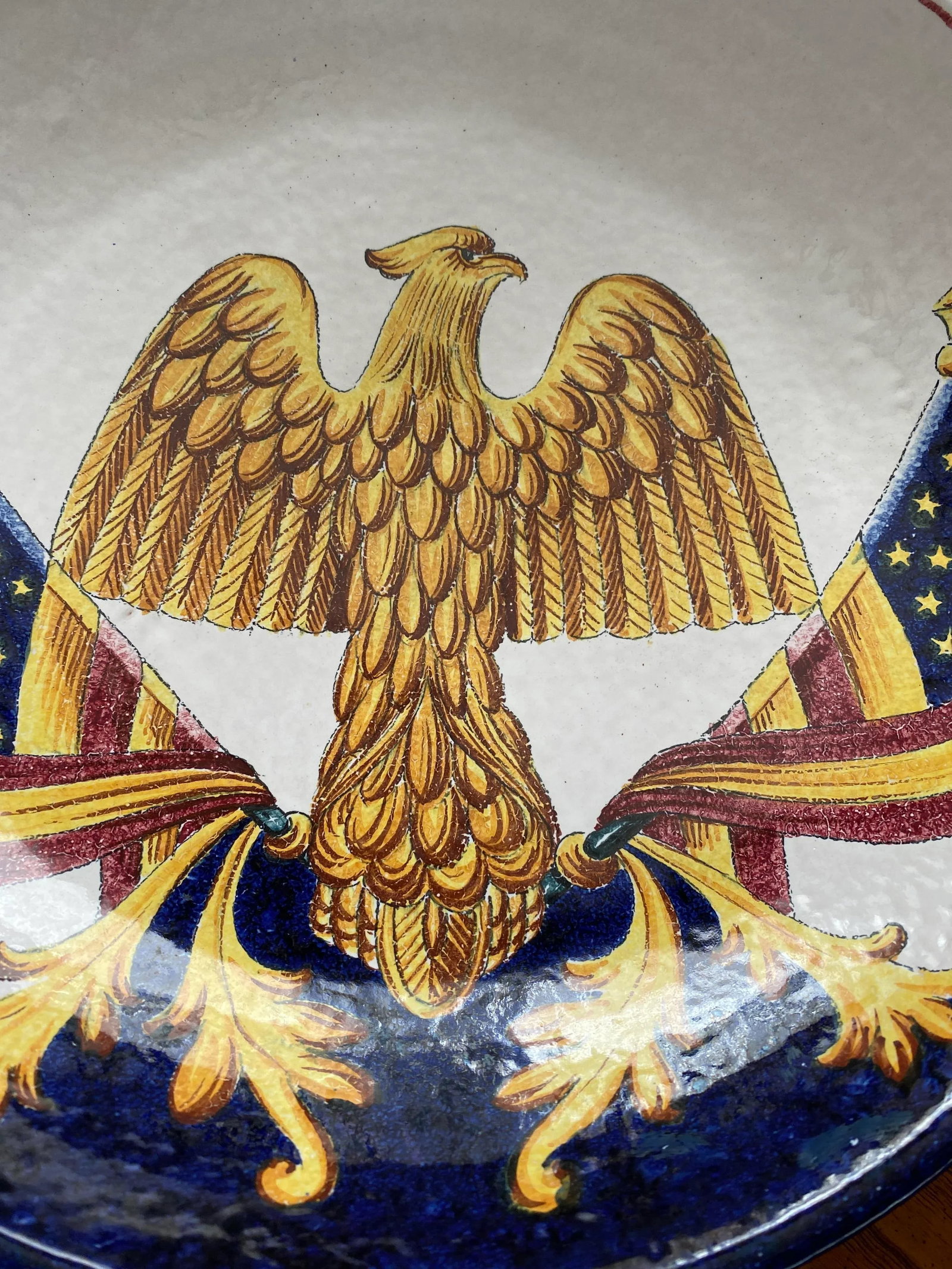 Vintage 1960s Large Handmade Italian American Bald Eagle and Flags Crest Seal Bowl Plate - 3
