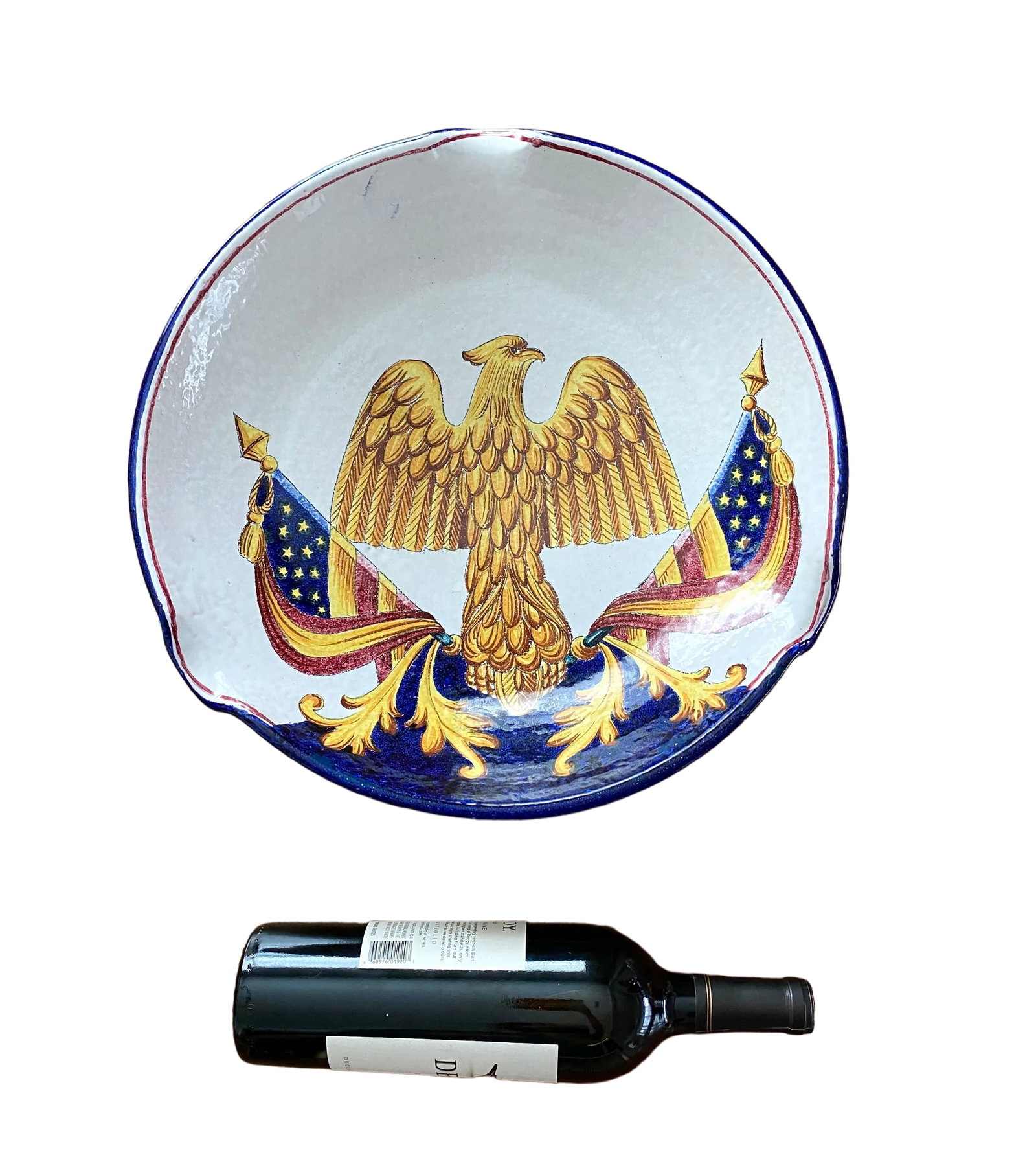 Vintage 1960s Large Handmade Italian American Bald Eagle and Flags Crest Seal Bowl Plate - 4