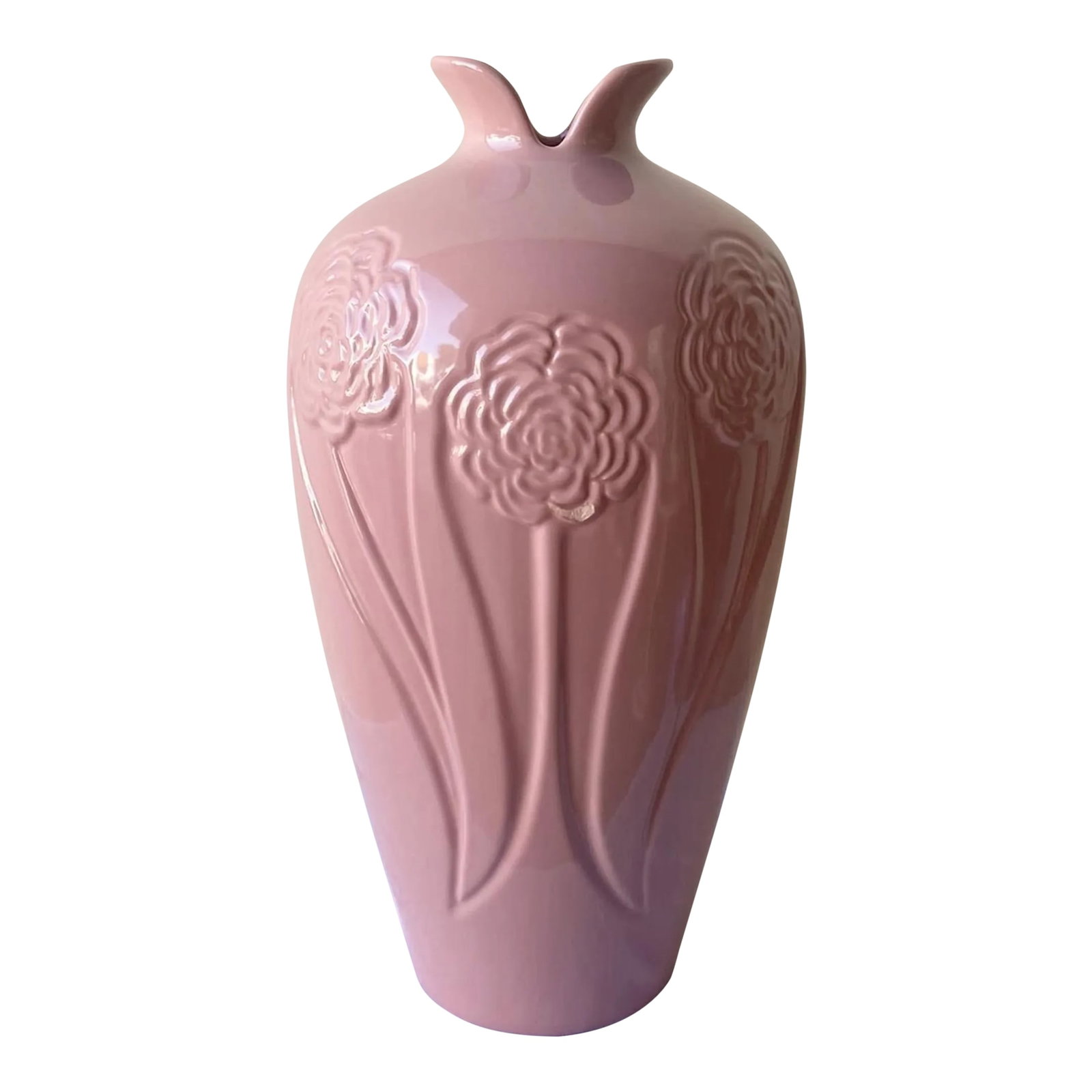 Postmodern Pink Ceramic Floral Vase: Exceptional vintage Postmodern ceramic floor vase. Features a glossy pink finish with flowers etched around the bust and base. Condition: Alterations: Original Condition Unaltered Imperfections: Some