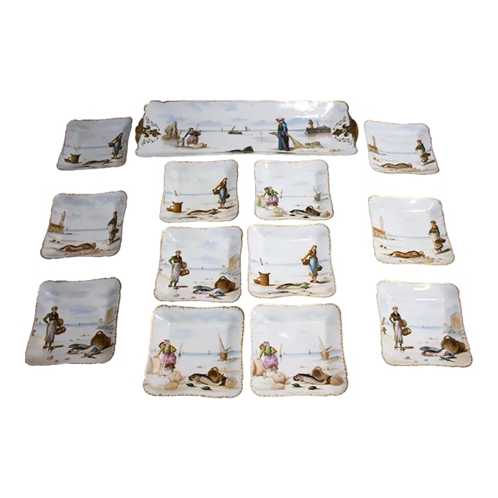 Vintage Haviland Limoges Fish Platter Set - 13 Pcs - Mediterranean Scenes: I have bought and sold many fish platter sets because I love them! This antique hand painted set is by far the best one I have ever found! First, it is huge - 13 pieces. Second, it is truly exquisite 