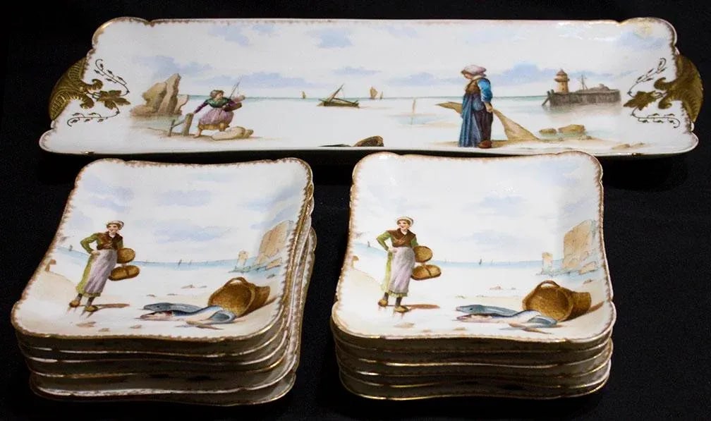 Vintage Haviland Limoges Fish Platter Set - 13 Pcs - Mediterranean Scenes - 3