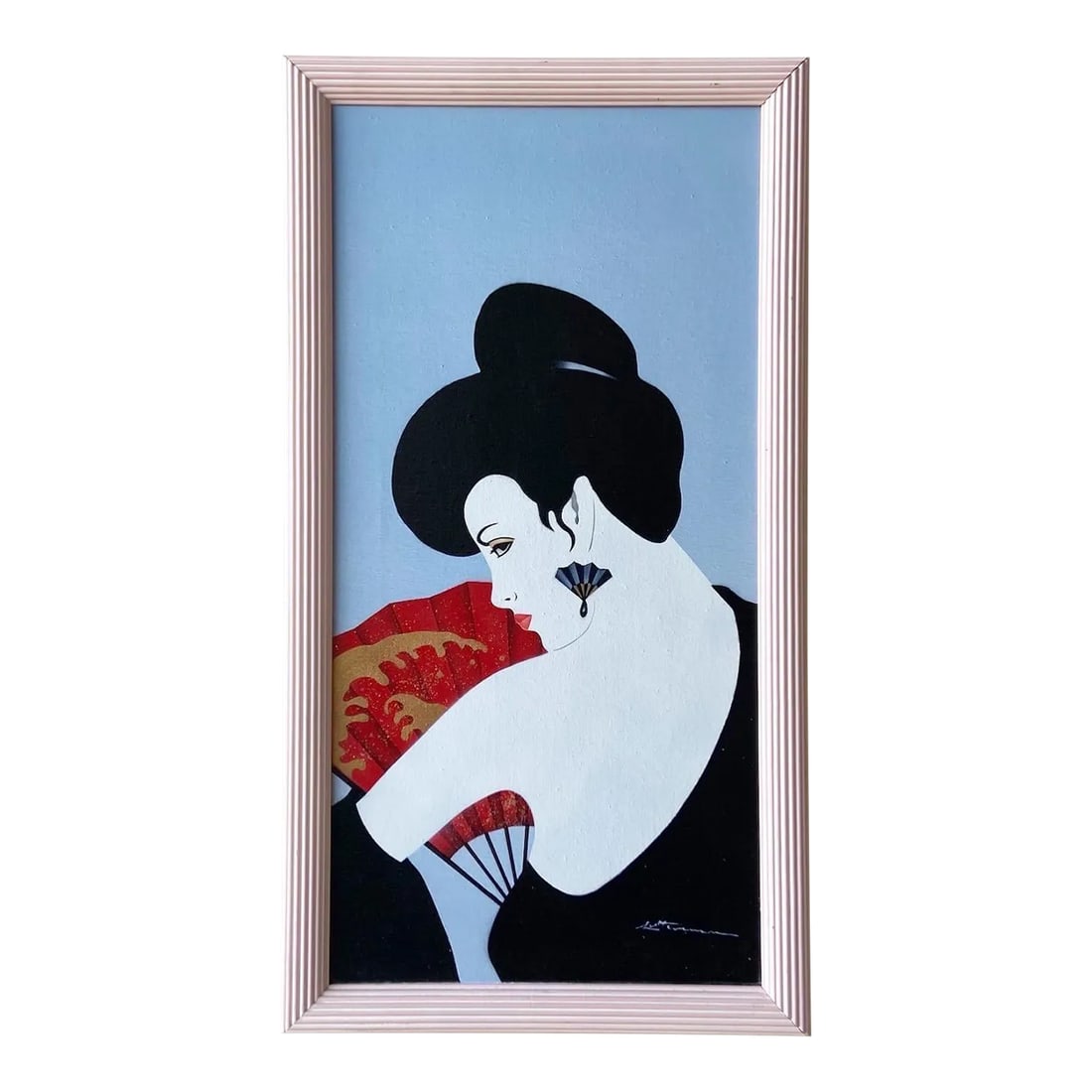 Postmodern/Chinoiserie Framed and Signed Oil Painting of Lady With Fan: Incredible Patrick Nagel style vintage postmodern/chinoiserie oil painting. Displayed in a pink frame, subject is a woman with black hair in a black dress holding a red fan. Condition: Alterations: