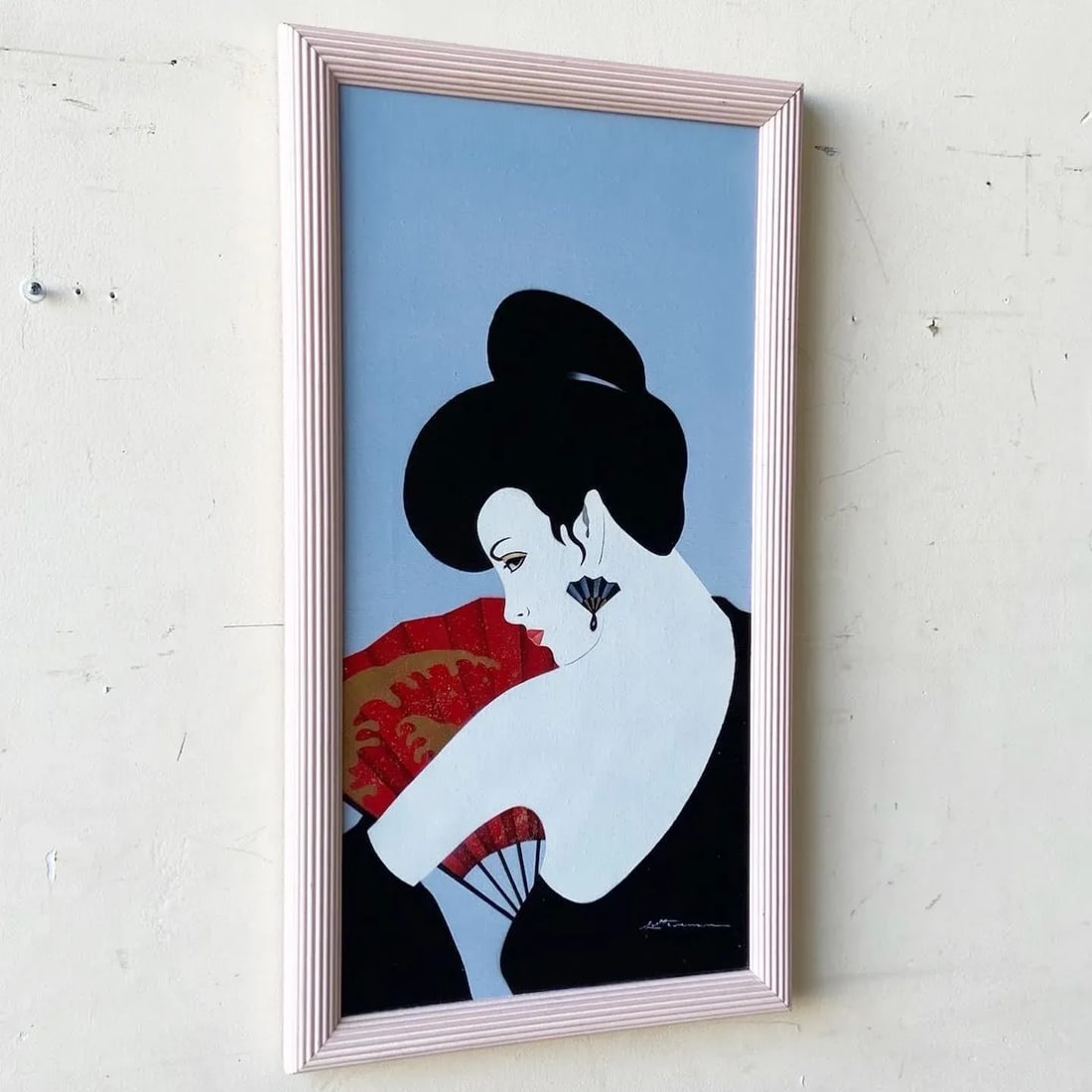 Postmodern/Chinoiserie Framed and Signed Oil Painting of Lady With Fan - 2