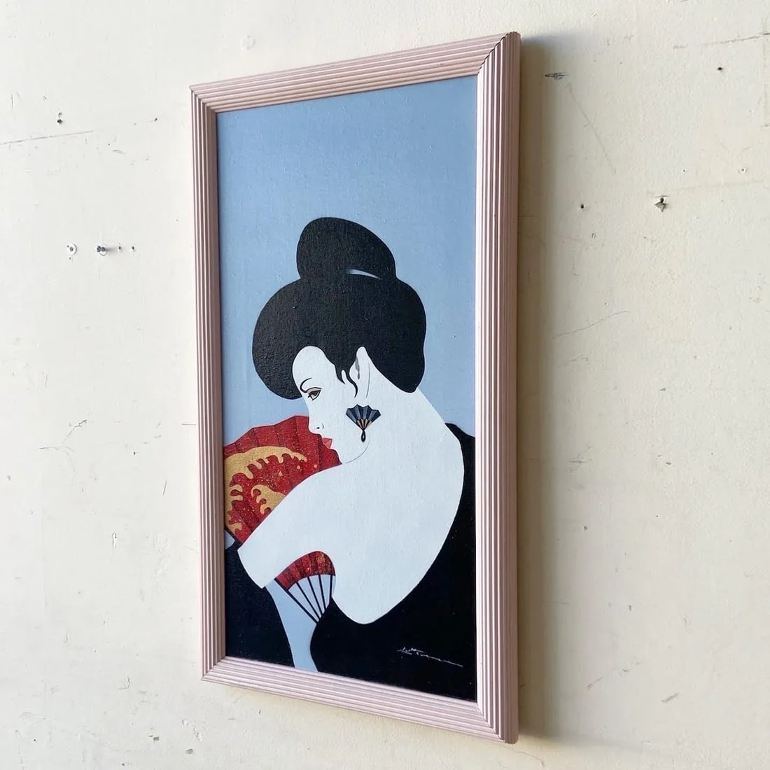 Postmodern/Chinoiserie Framed and Signed Oil Painting of Lady With Fan - 3
