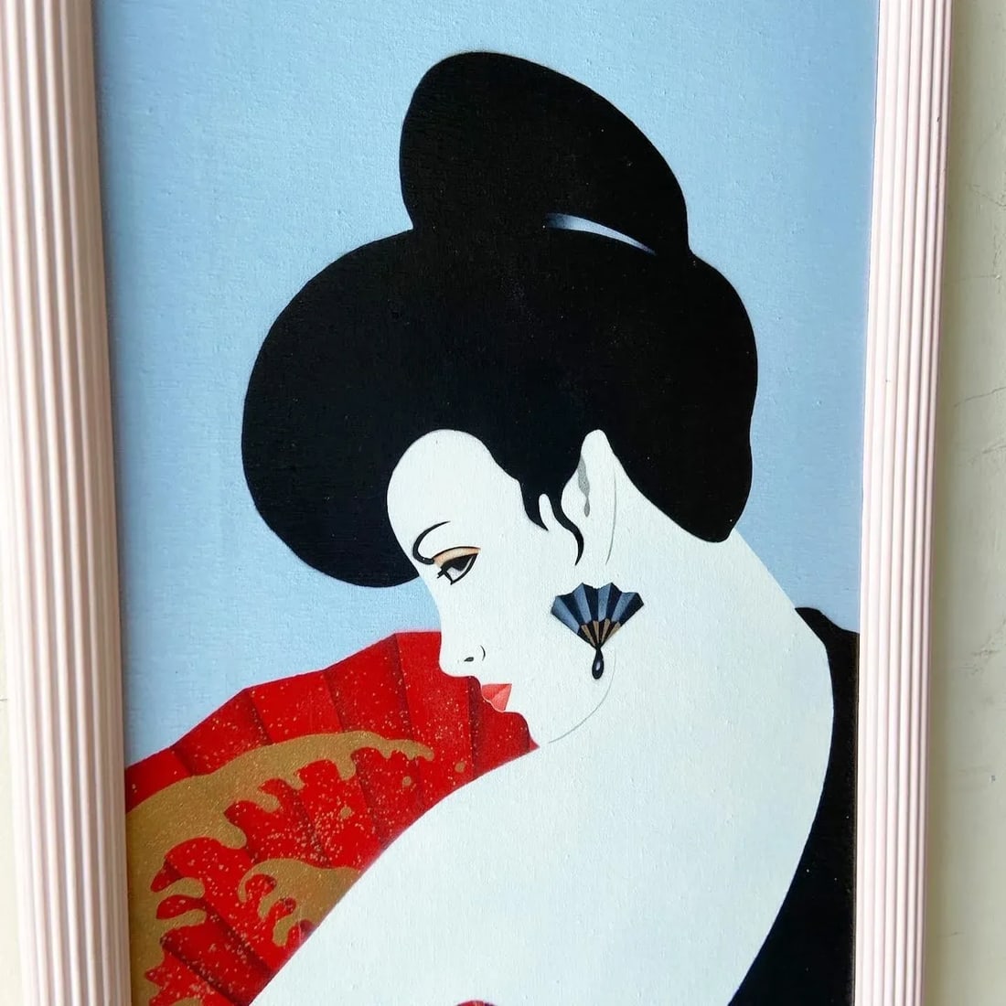 Postmodern/Chinoiserie Framed and Signed Oil Painting of Lady With Fan - 5