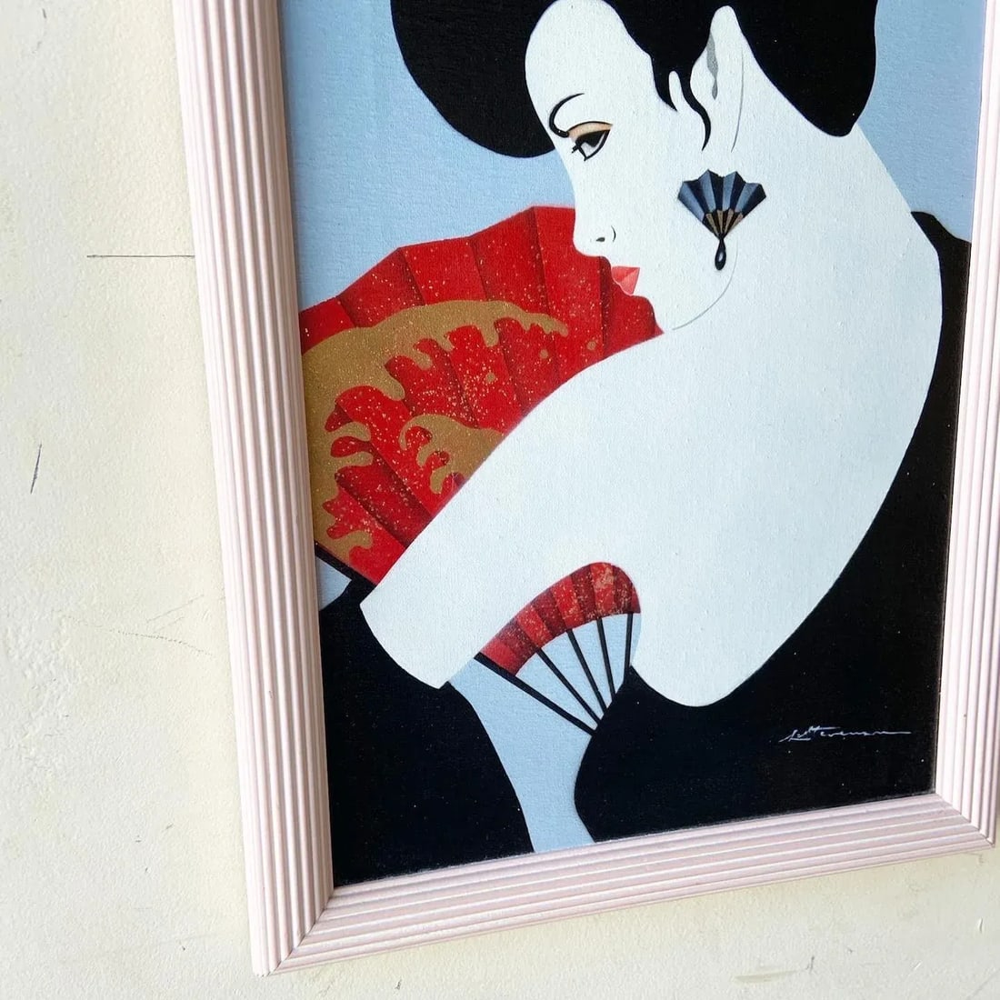 Postmodern/Chinoiserie Framed and Signed Oil Painting of Lady With Fan - 6
