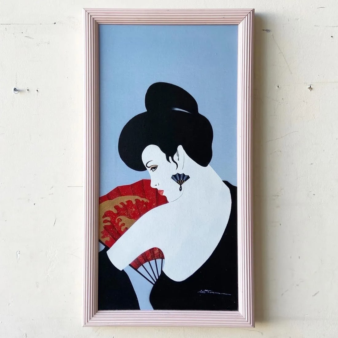 Postmodern/Chinoiserie Framed and Signed Oil Painting of Lady With Fan - 8