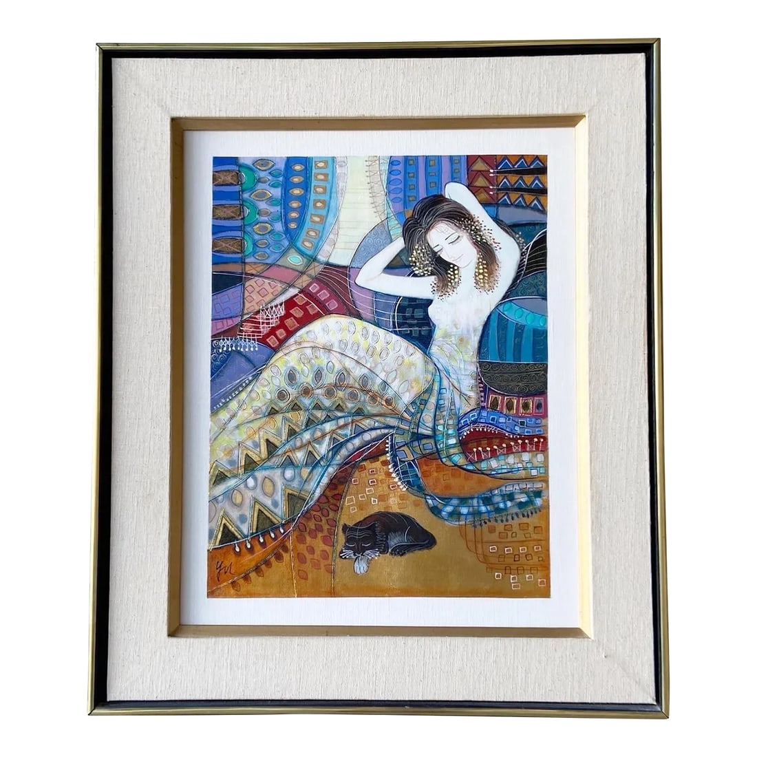 Original Framed Oil Painting of Woman With Cat: Exceptional vintage original oil painting in a wooden frame. Subject is a lady in blankets with a cat. Condition: Alterations: Original Condition Unaltered Imperfections: Some Imperfections Condition
