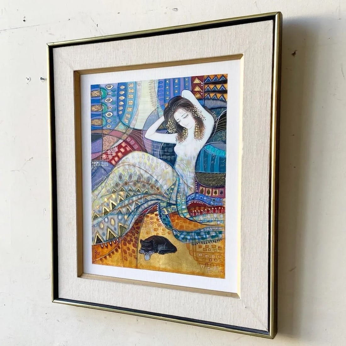 Original Framed Oil Painting of Woman With Cat - 5