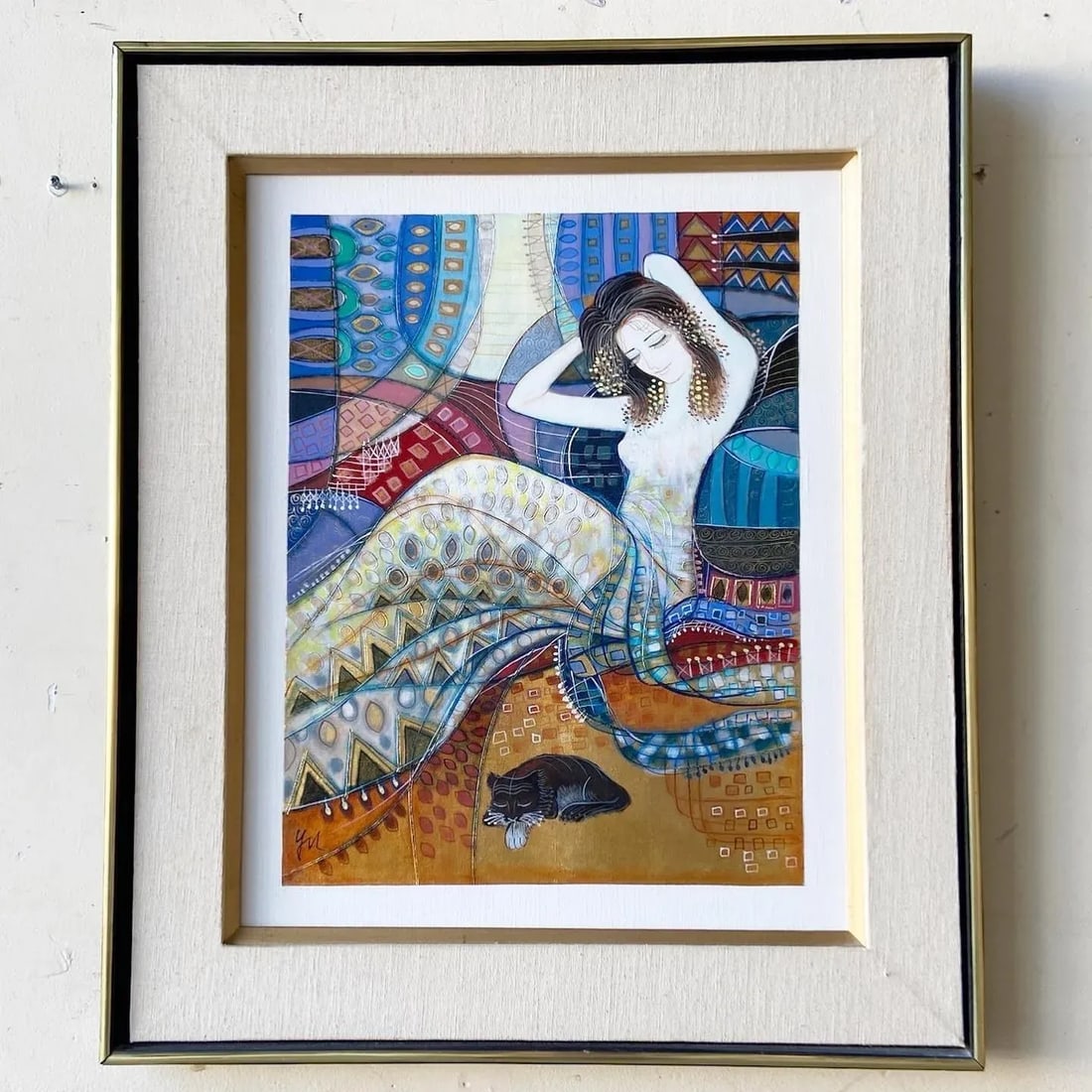 Original Framed Oil Painting of Woman With Cat - 9