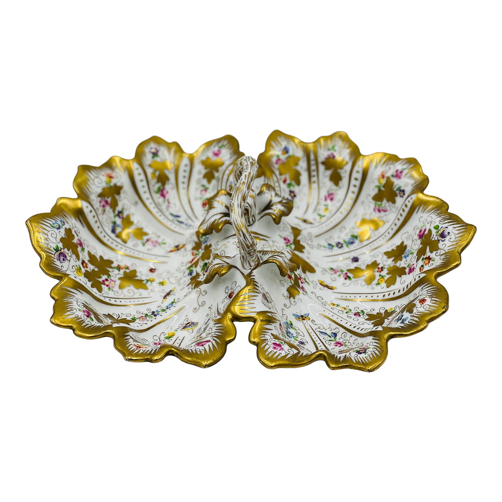 Antique Ornate Ct Carl Tielsch Germany Floral Divided Handled Dish Herend Style: Antique Ornate CT Carl Tielsch Germany Floral Divided Handled Dish Herend Style. Decorated with ornate foliate edges, enamel bugs, gilt decoration and marked to bottom "CT". Excellent condition - no