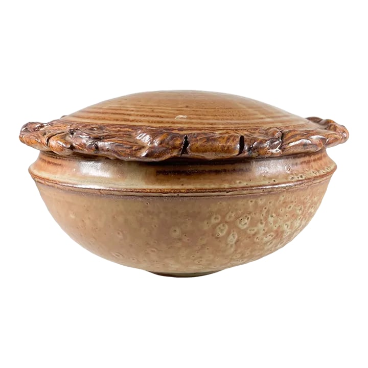 1980s Sculptural Studio Pottery Art Covered Dish: AMBIANIC presents 1980s Sculptural Pottery Art Covered Dish Signed by artist Melching 6.5 h x 10.75 diameter Original vintage condition. See images provided. Condition: Alterations: Original