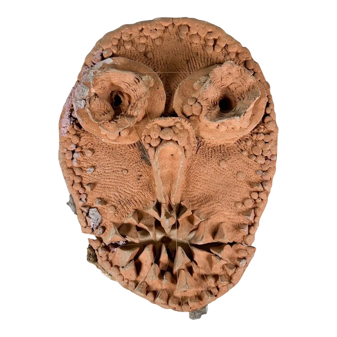 1970s Hand Crafted Art Pottery Distressed Mask: AMBIANIC presents 1970s Hand Crafted Art Pottery Distressed Mask 5.63 h x 7.25 w x 6.63 d Preowned original vintage condition. Broken and distressed. Review images please. Condition: Alterations: