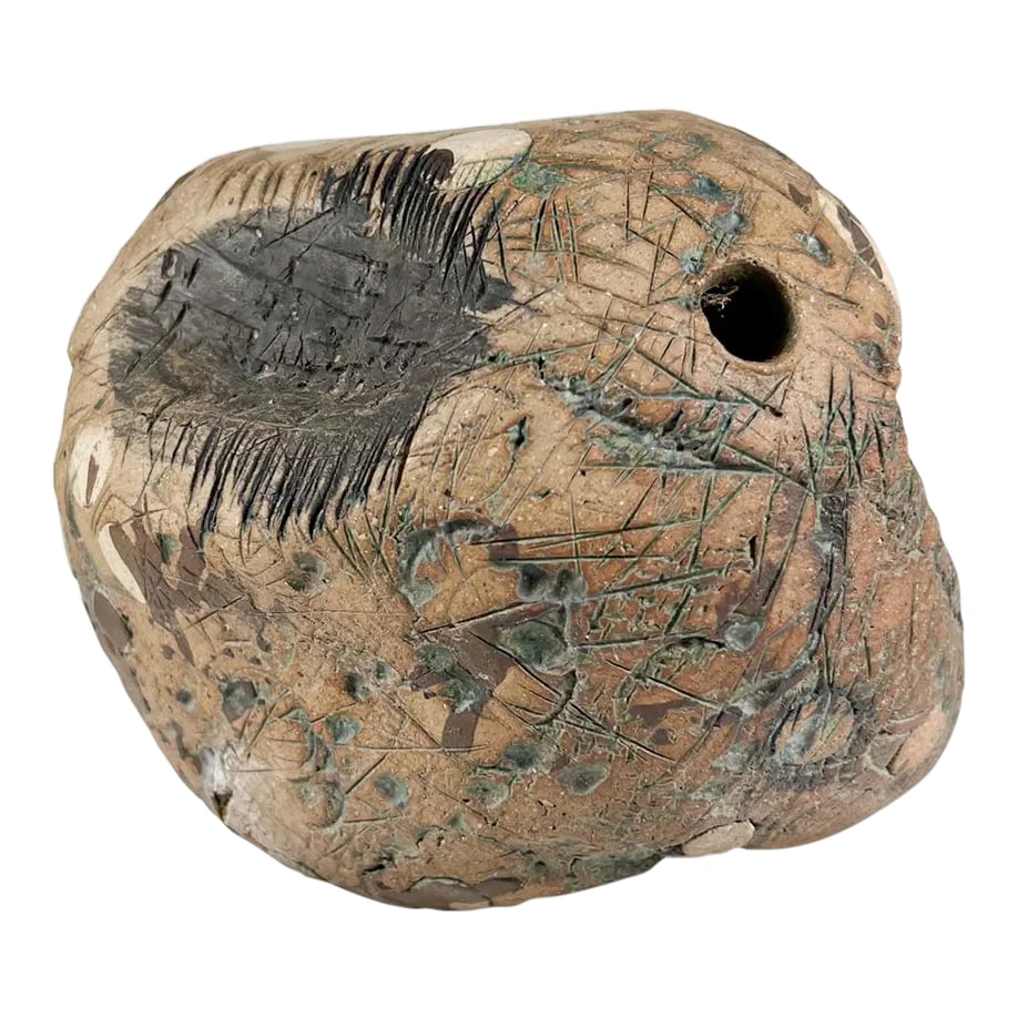 1970s Sculptural Art Pottery Abstract Green Sphere: AMBIANIC presents Modern sculptural art pottery round sphere green 6 h x 7.5 w x 6.5 d Preowned original vintage condition. See images provided. Condition: Alterations: Original Condition Unaltered