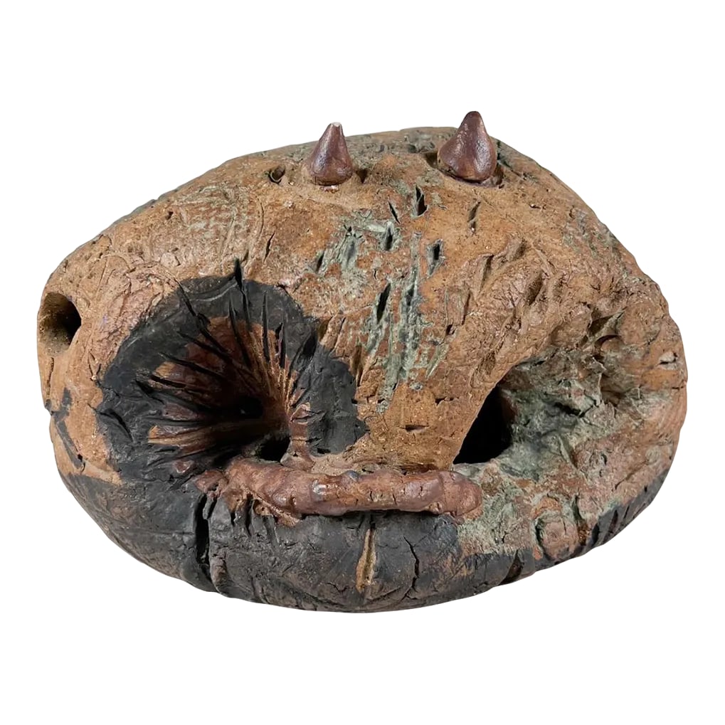 1970s Studio Pottery Sculptural Art Abstract Sphere: AMBIANIC presents Sculpturally Crafted Art Abstract Round Sphere Art Pottery 5 h x 7.75 w x 5.75 d Preowned original vintage condition. See images provided. Condition: Alterations: Original Condition
